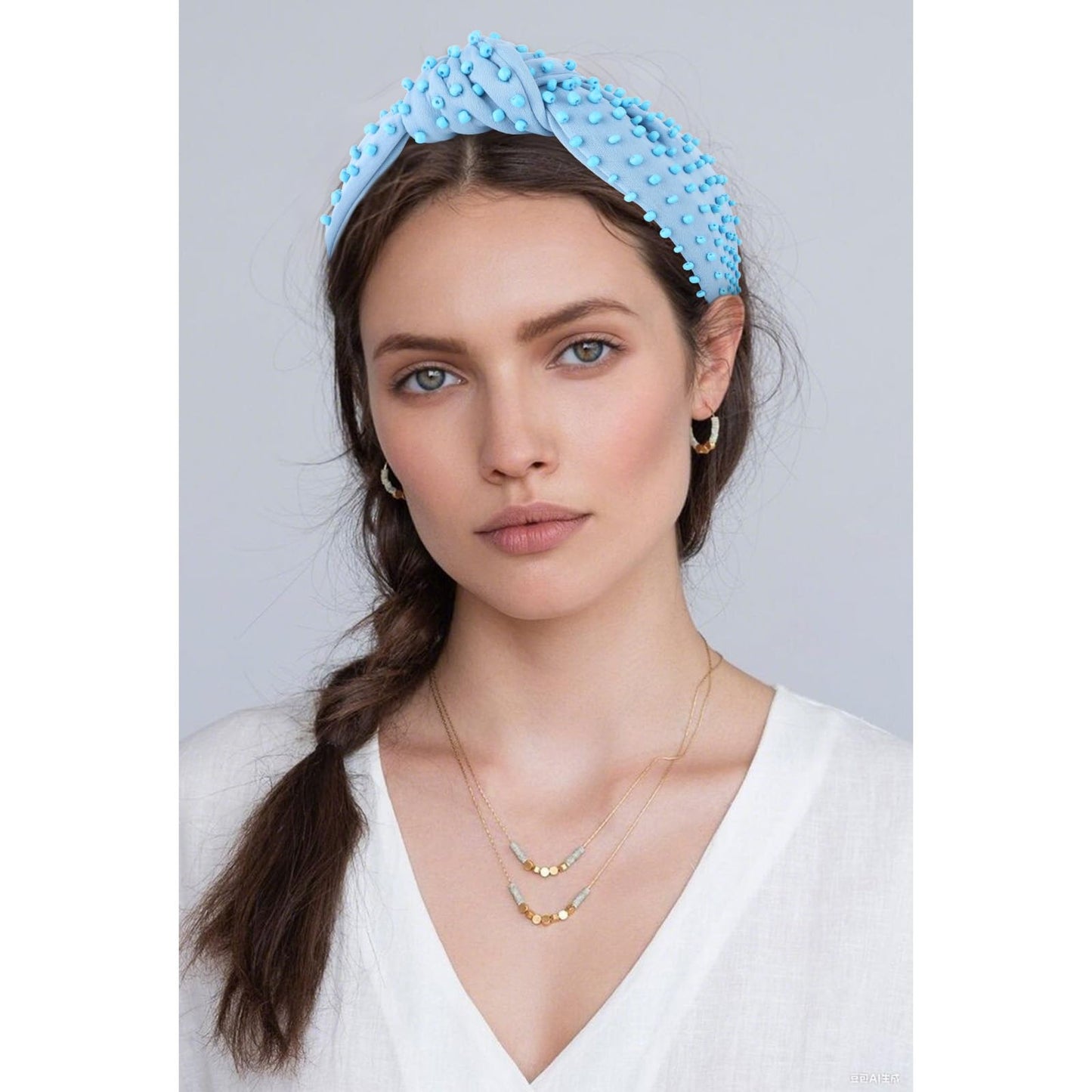 YISSION Light Blue Knotted Headband for Women - Wide Beaded Hair Hoop, Stylish Hair Accessory for Daily Wear, Parties & Casual Outfits