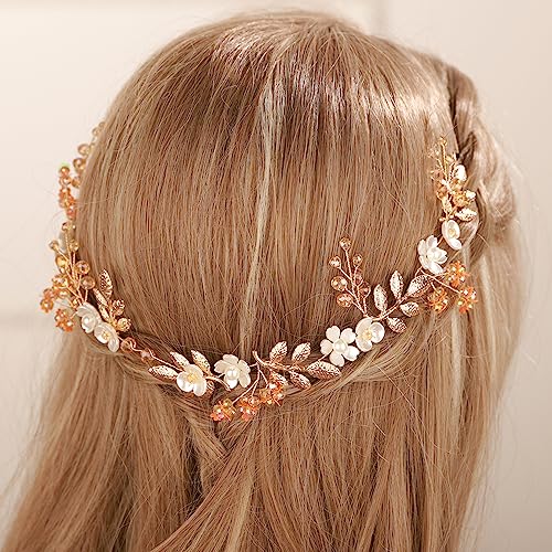 Gold Boho Bridal Flower Leaf Headband - Crystal Pearl Hair Vine