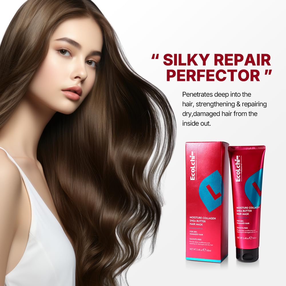 ECOLCHIPRO Collagen Shea Butter Hair Mask Deep Repair Conditioning Moisture Collagen Shea Butter Hair Treatment for Dry and Damaged Hair All Hair Types 5.4fl.oz 160ml