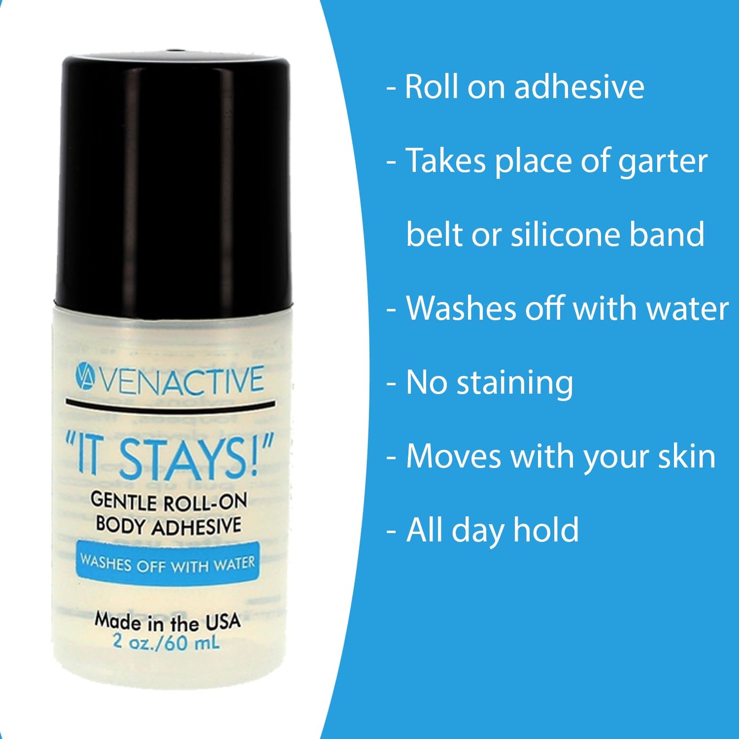 Body Adhesive Roll-On Glue - 2oz Clear Odorless Hypoallergenic for Stockings, Wigs & Costumes