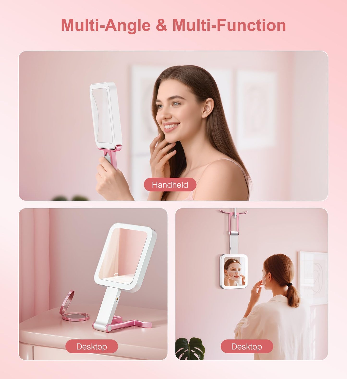 Travel Makeup Mirror with Lights, 10X/1X, 3 Colors, USB-C, Pink, Portable