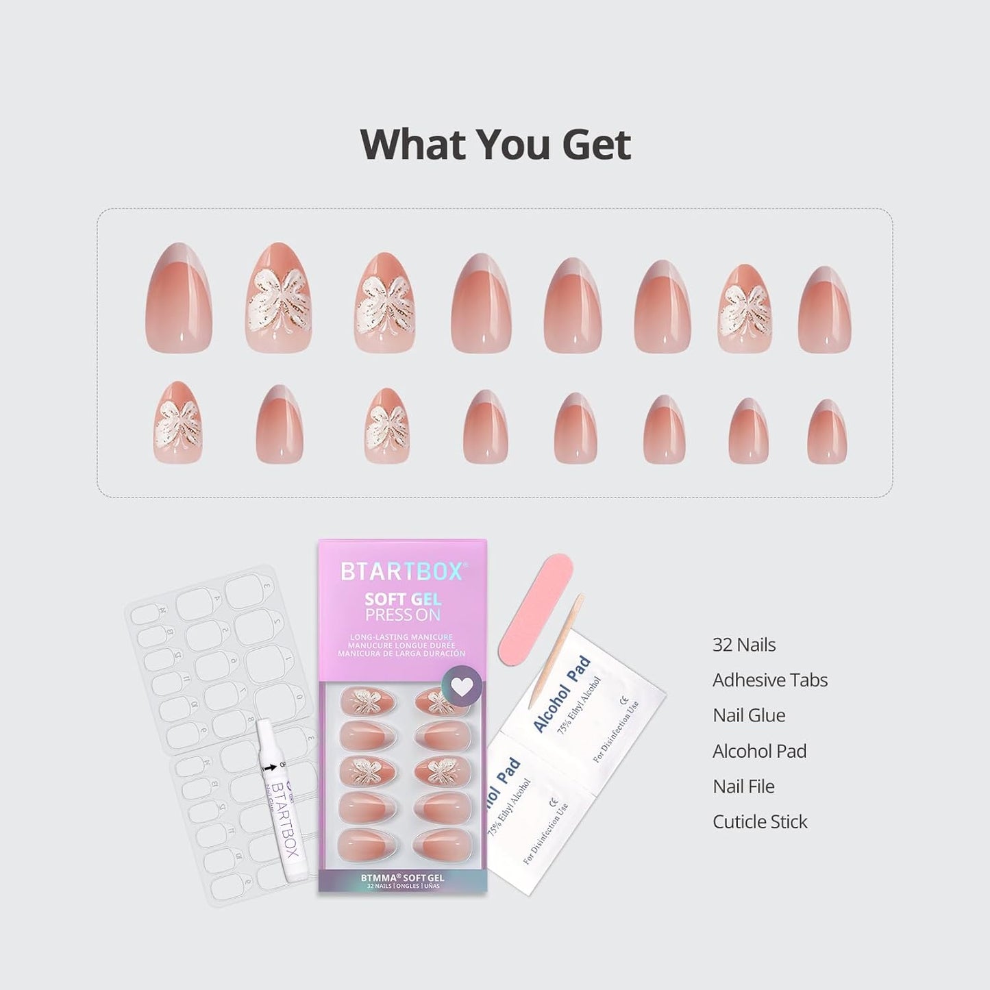 Press On Nails - 3D Butterfly French Tip Almond Design | Opaque Soft Gel, 16 Sizes, 32 Nail Kit