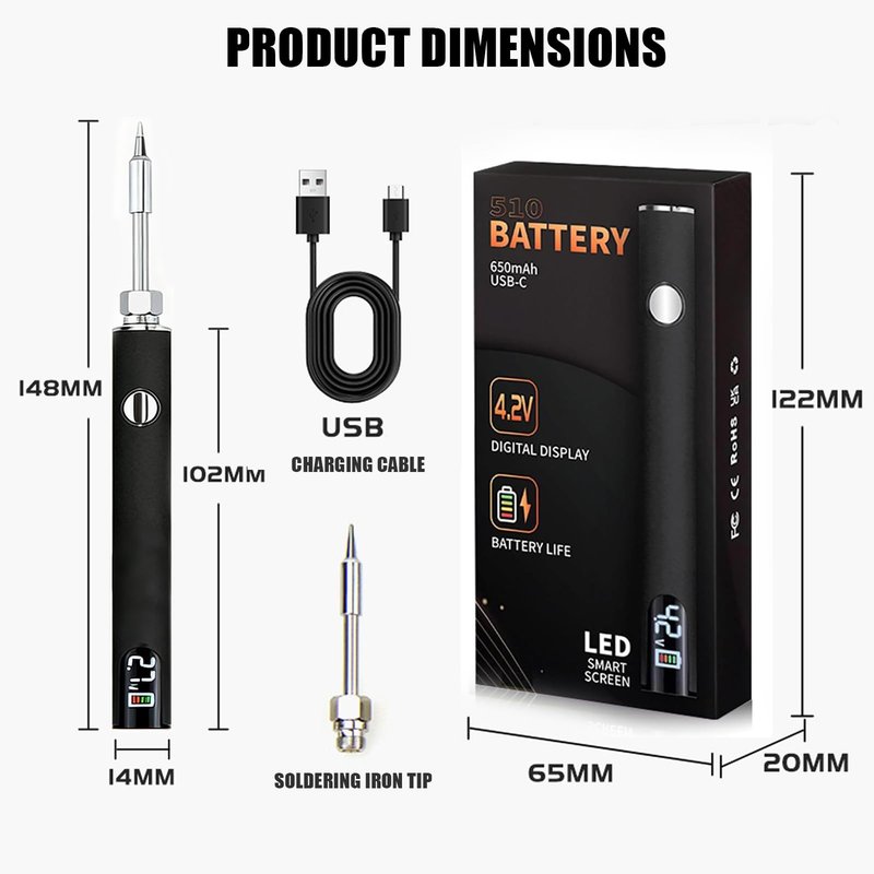 510 Threaded Battery Cart Pen, Portable Cordless Soldering Iron Cart Pen, USB-C Rechargeable with LED Screen, 650mAh Adjustable Temperature for Electronics Repair, DIY, & Phone Fix (Black)