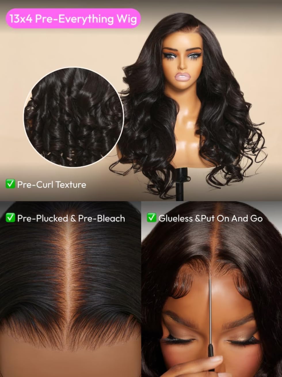 UNICE Body Wave 13x4 Lace Front Wig Human Hair Pre Everything Glueless Drawstring Wig Pre Plucked Pre Cut Bleached Knots Ready to Wear Black Frontal Wigs 150% Density 22 inch
