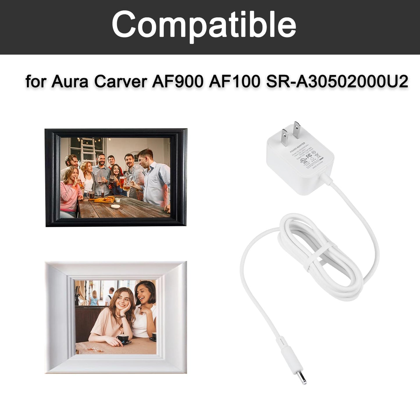 Wcone Replacement Power Cord for Aura Carver AF900 & AF100, Compatible with SR-A30502000U2 Charger Adapter, 5Ft Long 5V 2A Power Supply Cable - White