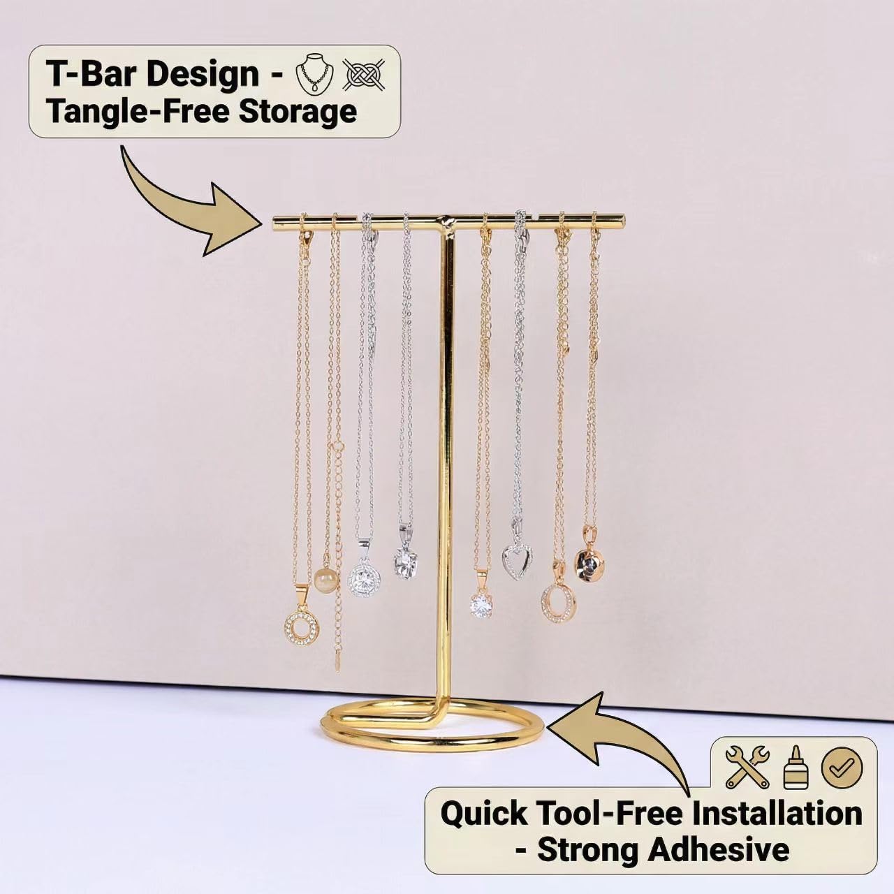 Jewelry Organizer with T Bar Design, Quick Installation Modern Decor for Women's Necklace, Earrings, Rings, Vanity or Dresser Top, Gold Finish