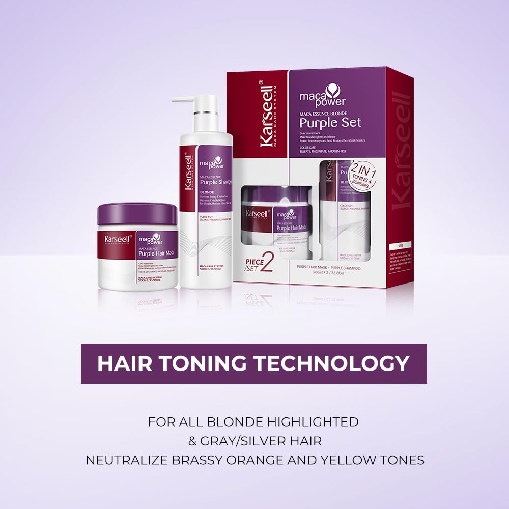 Karseell Purple Hair Mask & Shampoo Set - Neutralizes Brass & Yellow Tones for Blonde, Gray, Silver Hair | 2 x 16.9 fl oz