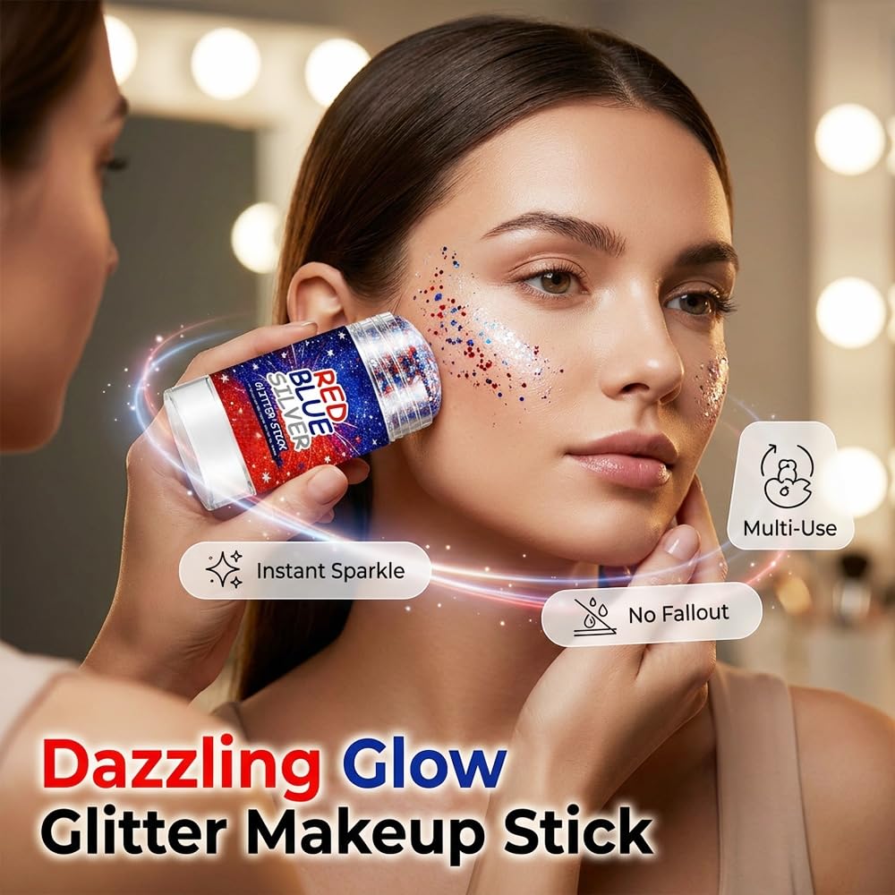 4th of July Glitter Stick, Patriotic Red White and Blue Face Body Hair Glitter Stick, 4th of July Accessories Sparkling Glitter Makeup for Fourth of July Outfits Independence Day Memorial Day (1, #B)