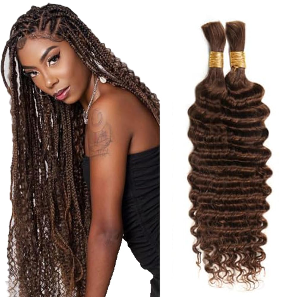 #4 Brown Human Braiding Hair Deep Wave Bulk 28 28 Inch Unprocessed Brazilian Virgin Hair Chocolate Deep Curly Braiding Hair Extensions 2 Bundle 100g/pack