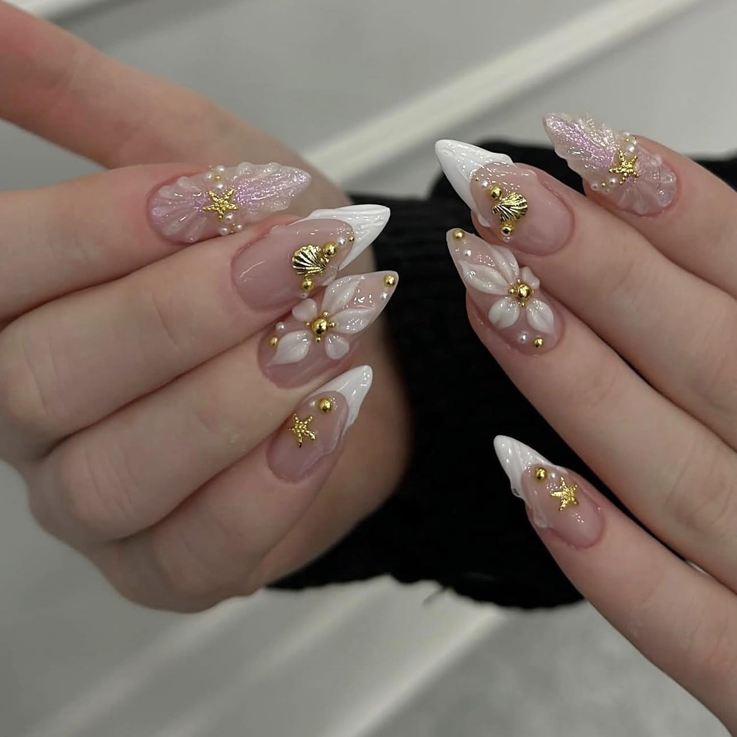 Short Almond Press-On Nails - 24 Pcs French Tip with Leopard Print & Gold Beads | Reusable Acrylic Nail Designs for Women