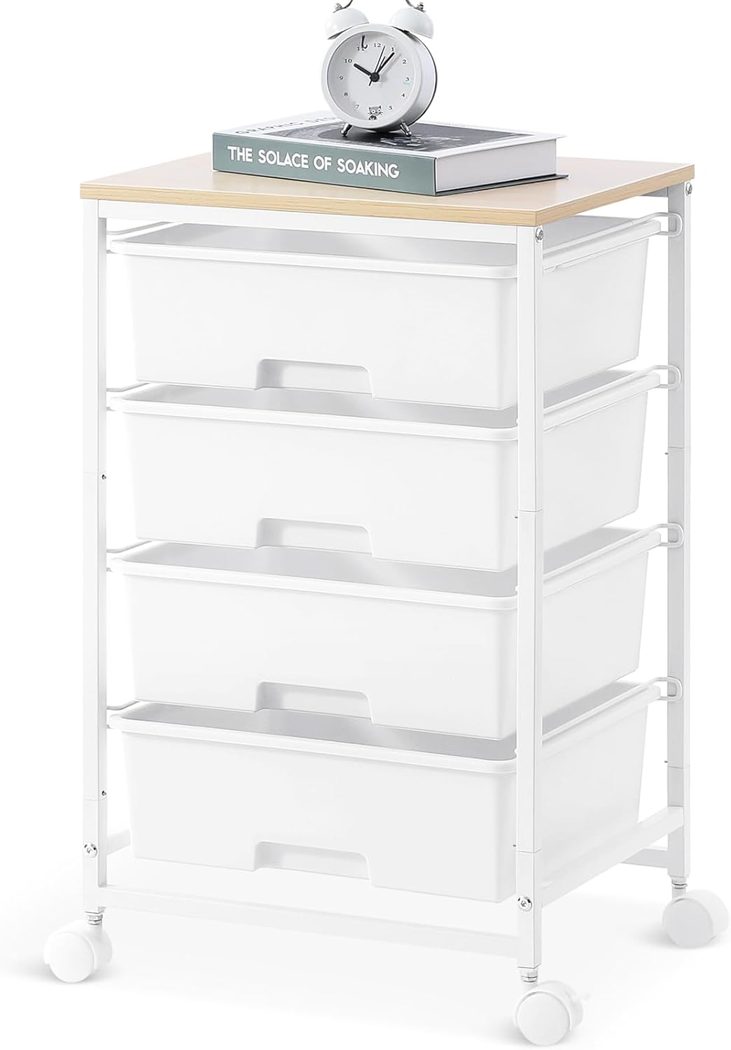 Utility Cart - 4-Tier Rolling Storage Organizer with 4 Drawers & Lockable Wheels | Bright White for Home & Office