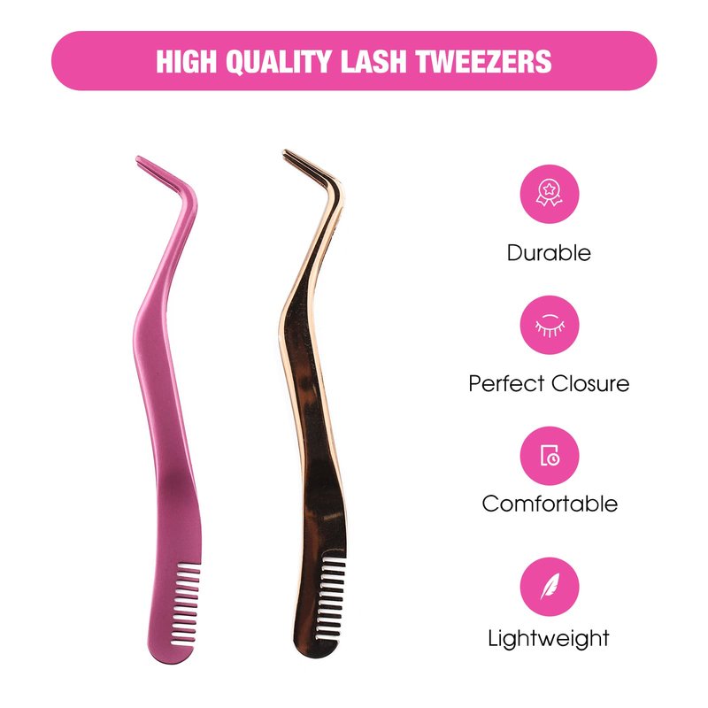 FADLASH Lash Tweezers for Individual & Cluster Lashes, 2pcs DIY Eyelash Extension Supplies, Lash Applicator Tool, Eyelash Tweezers for False Lash Extension, Pink & Rose Gold