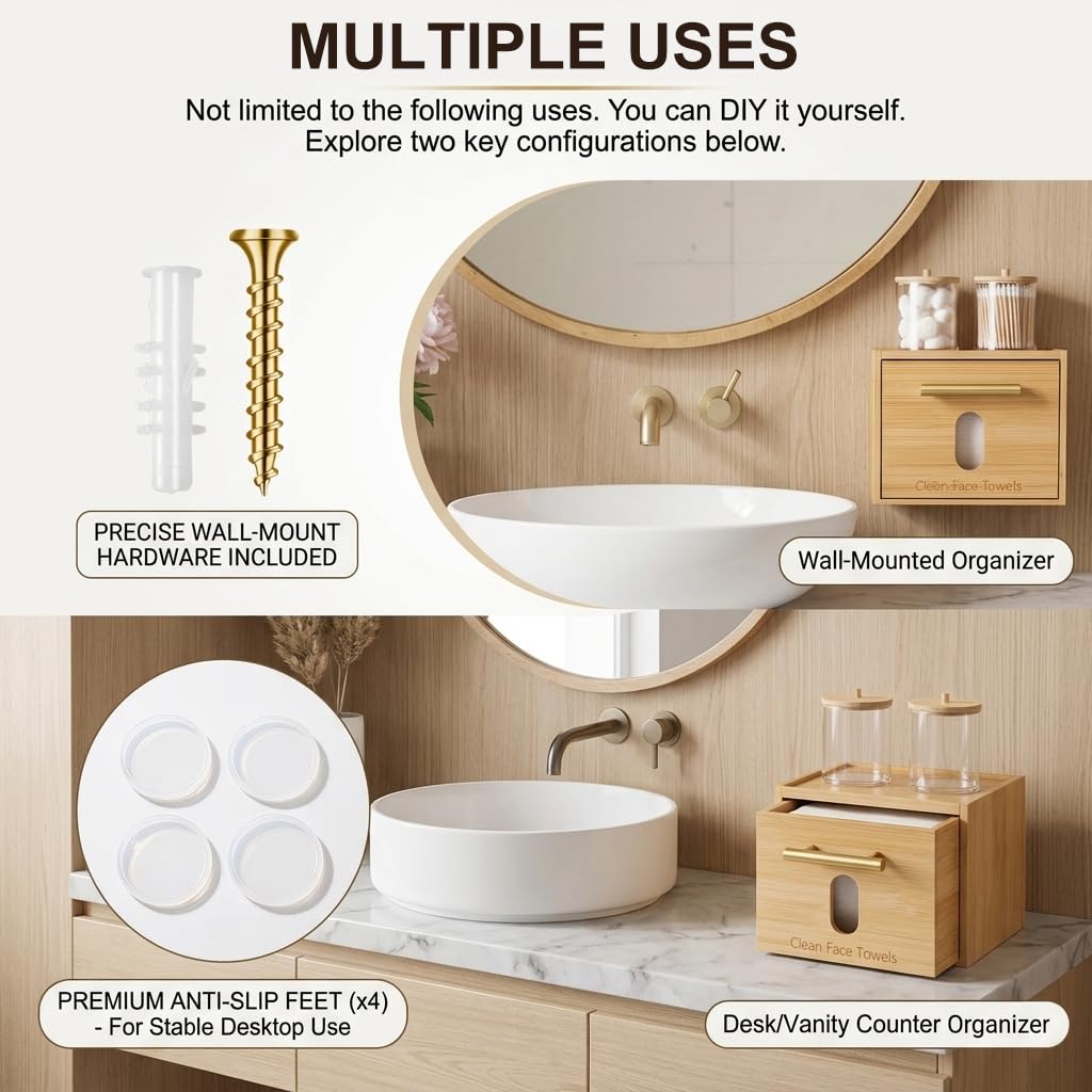 BSSN Face Towel Holder Bamboo Disposable Clean Towels Holder with Cotton Swab Box and 60ct Towels, Wall Mounted & Countertop Skincare Organizer, Bathroom Vanity Storage for Face Tissues & Makeup Pads