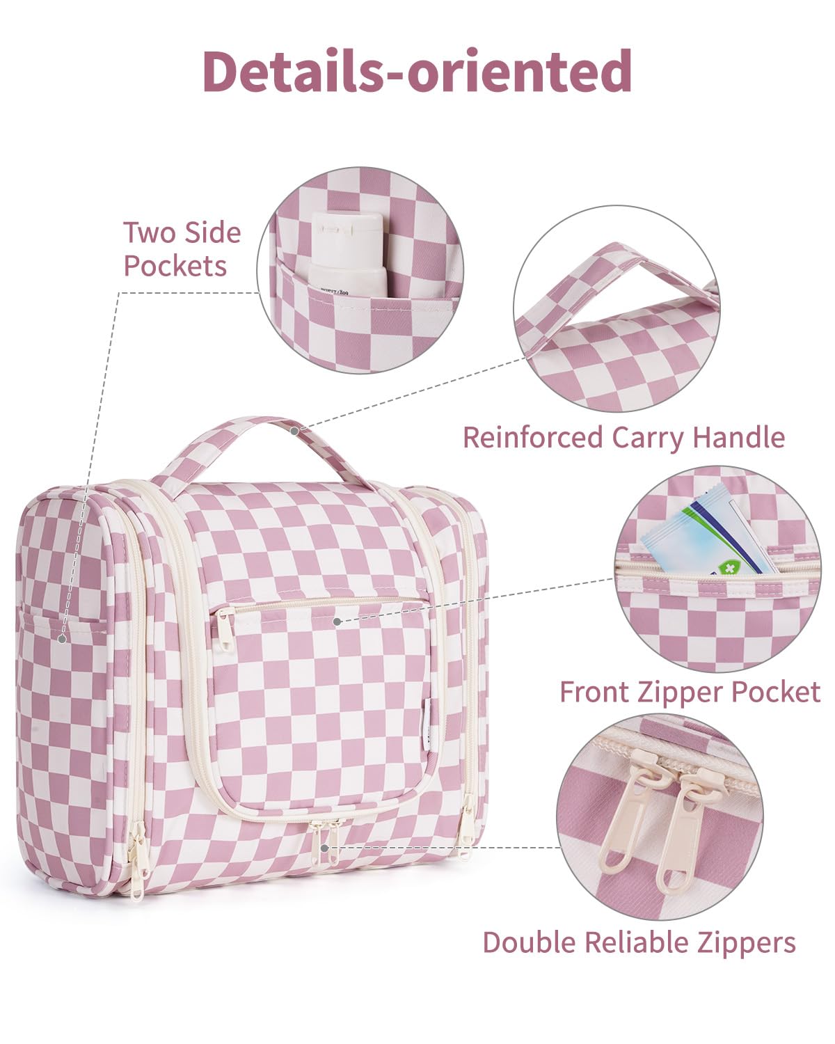 Narwey Large Hanging Toiletry Bag for Women Travel Makeup Bag Organizer Toiletries Bag Dry Wet Separation for Cosmetics Essentials Accessories (Dusty Pink Checkerboard)