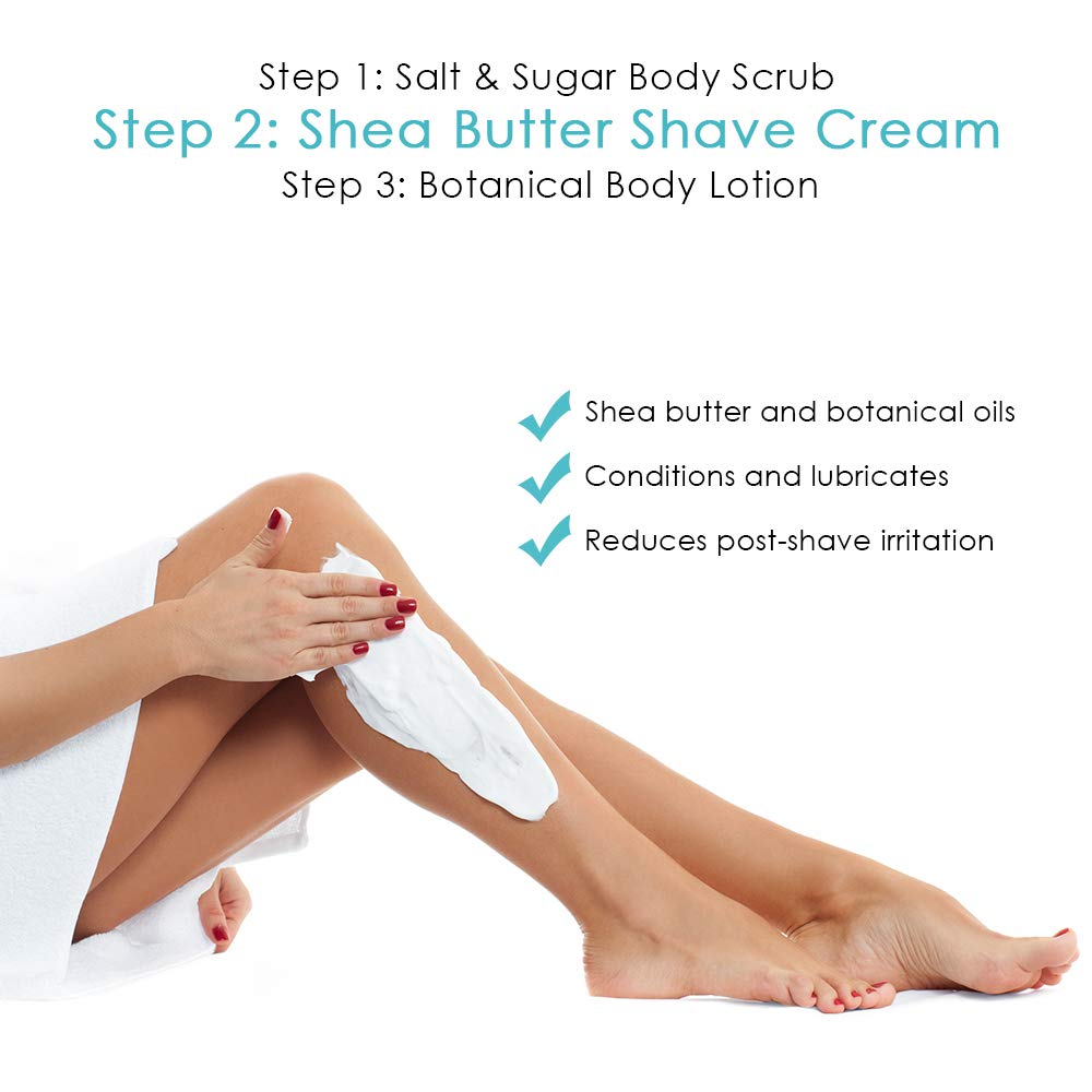 Aveline Women's Silky Smooth Shaving Starter Kit | 6-Blade Razor, 4pk Refill Blades, Salt & Sugar Body Exfoliating Scrub - 5oz, Shea Butter Shaving Cream - 5oz, and Botanical Moisturizing Body Lotion