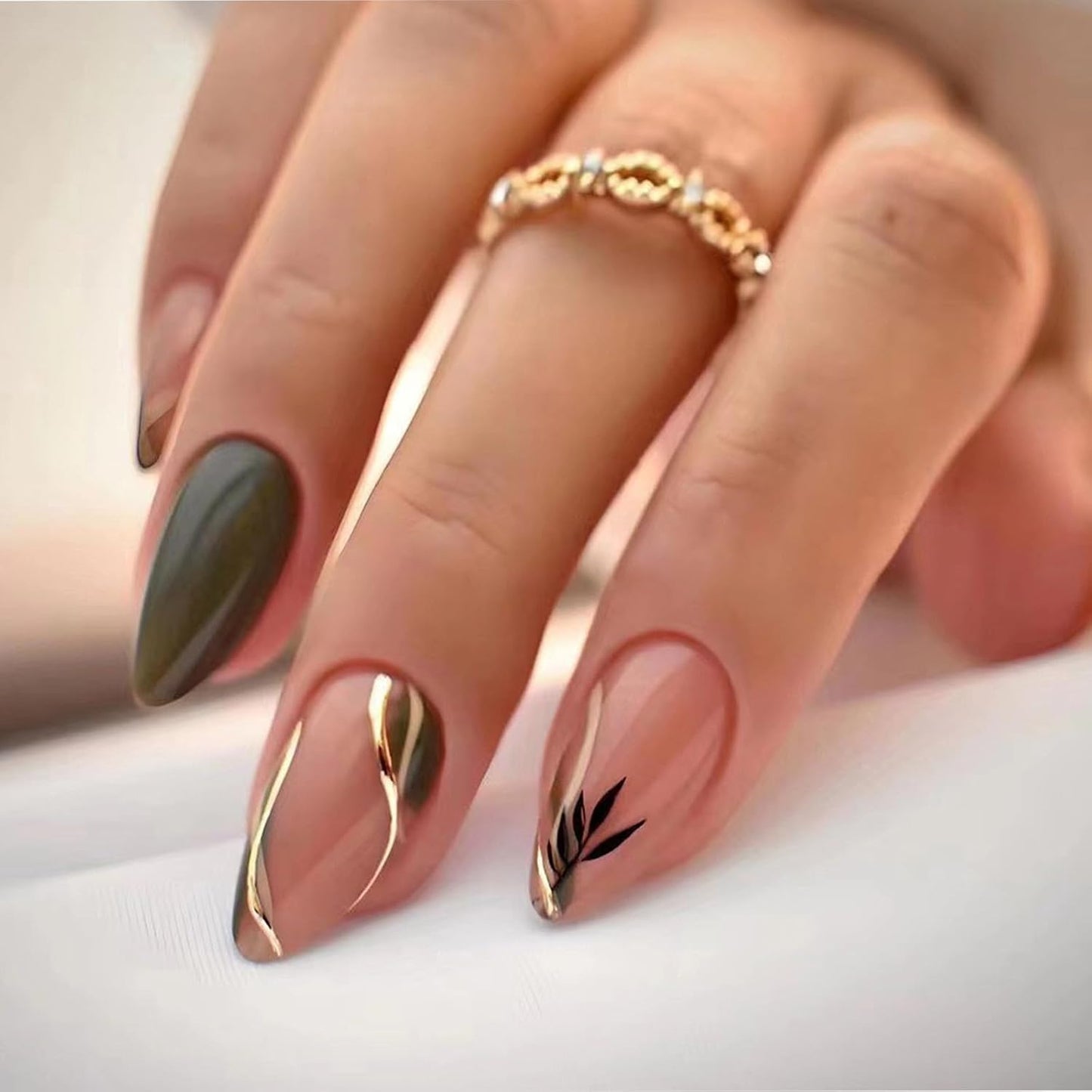 Press On Nails - Orange Almond Shape with Gold Glitter Swirl | 24 Pcs Acrylic Fake Nails for Women