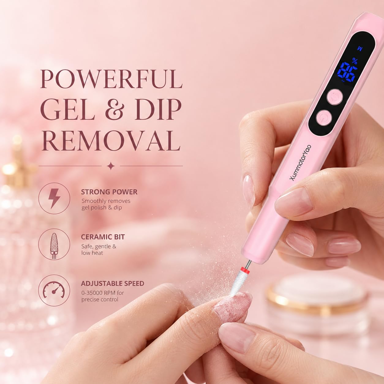 Rechargeable Electric Nail Drill Machine - Cordless Professional Nail File with LED Display for Acrylic Gel & Dip Powder Nails | Pink