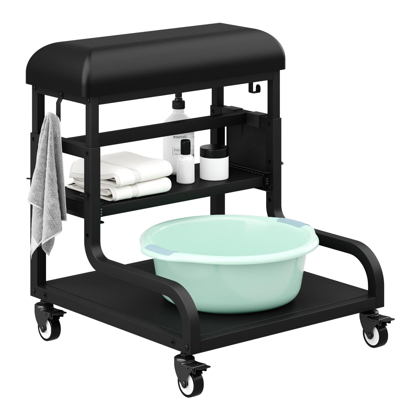 Adjustable Pedicure Foot Rest with 3-Level Height, PU Cushion, Storage & Locking Wheels, Mobile Pedicure Cart Foot Bath Trolley for Foot Bath, Salon & Spa (Black)
