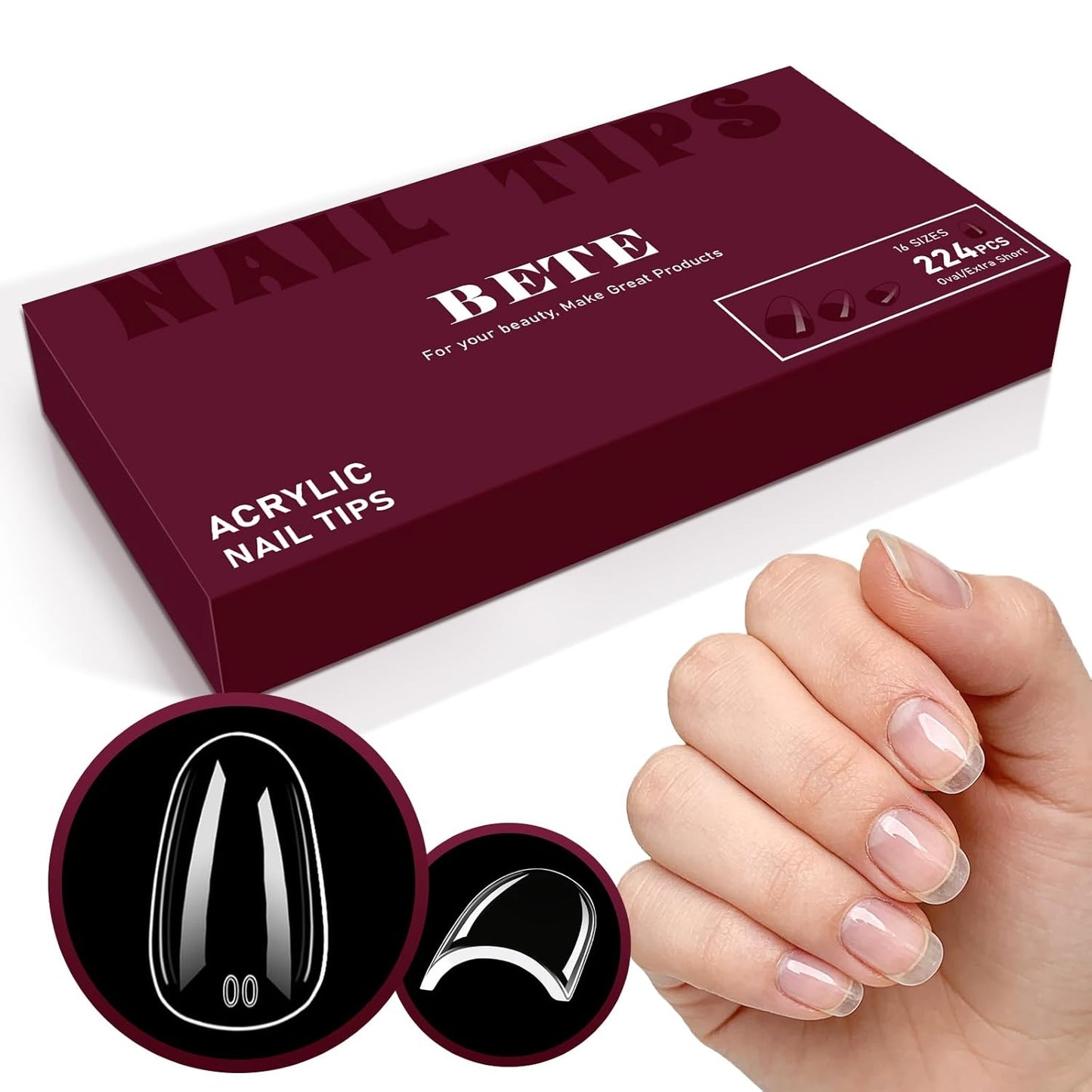 Medium Almond Clear Acrylic Nail Tips - 224 Pcs in 16 Sizes | Pre-Shaped Strong Press-On Nails for DIY Manicure