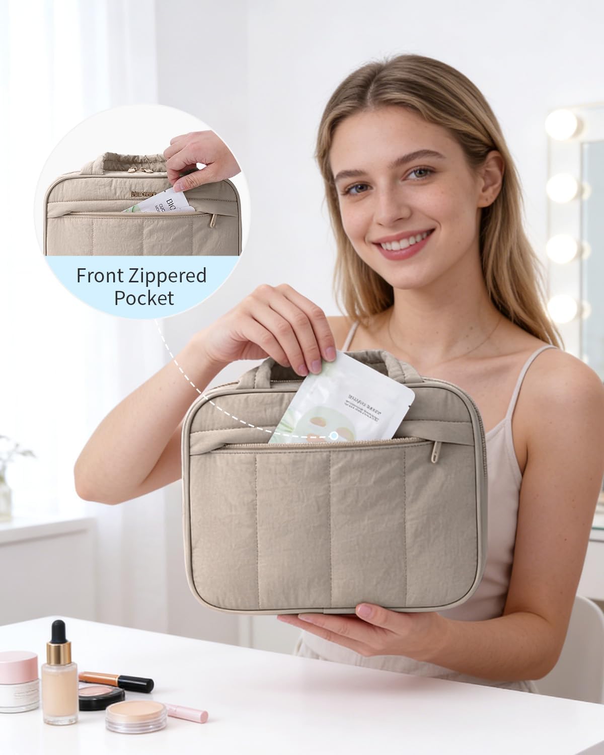 Hanging Travel Toiletry Bag for Women - Quilted Makeup Organizer with Handle | Portable Khaki Bathroom Essentials