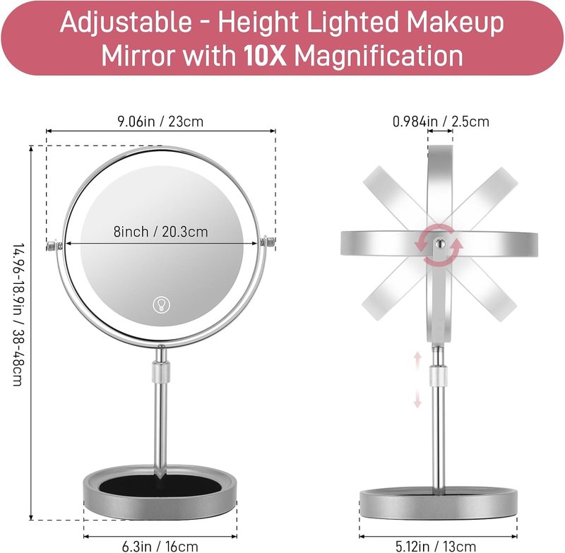 Adjustable-Height Rechargeable Makeup Mirror - 3 Color Lights, Touch Screen, 8'' Dual-Sided 1X/10X | 360° Rotation with Jewelry Tray