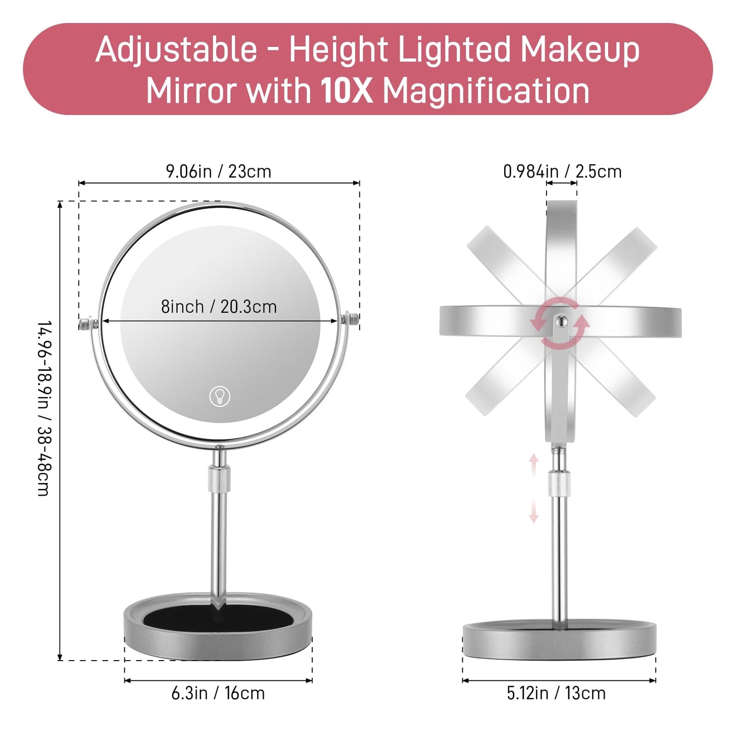 Rechargeable Adjustable-Height Makeup Mirror with 3 Color Lights,Touch Screen and Dimmable Settings,8'' Dual-Sided 1X/10X,360° Rotation Vanity Mirror with Jewelry Tray,Lighting Cosmetic Mirror