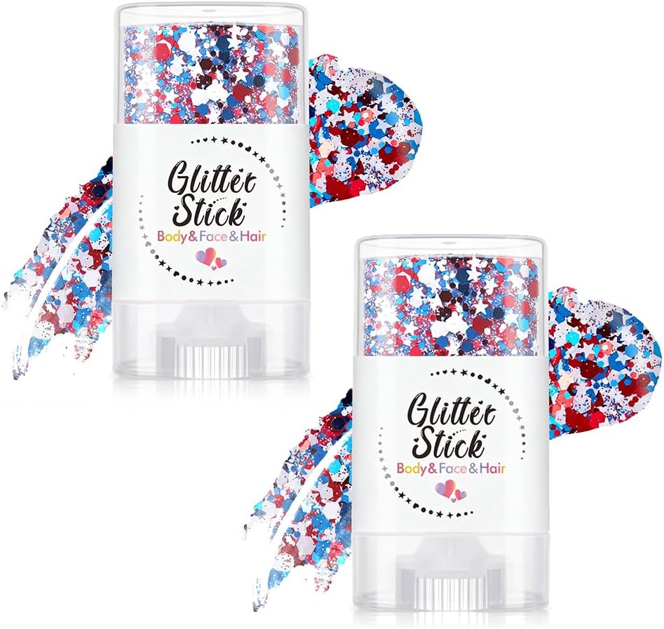 4th of July Glitter Stick - Red, White & Blue Hair & Body Glitter for Patriotic Makeup | Waterproof Face Glitter for Women