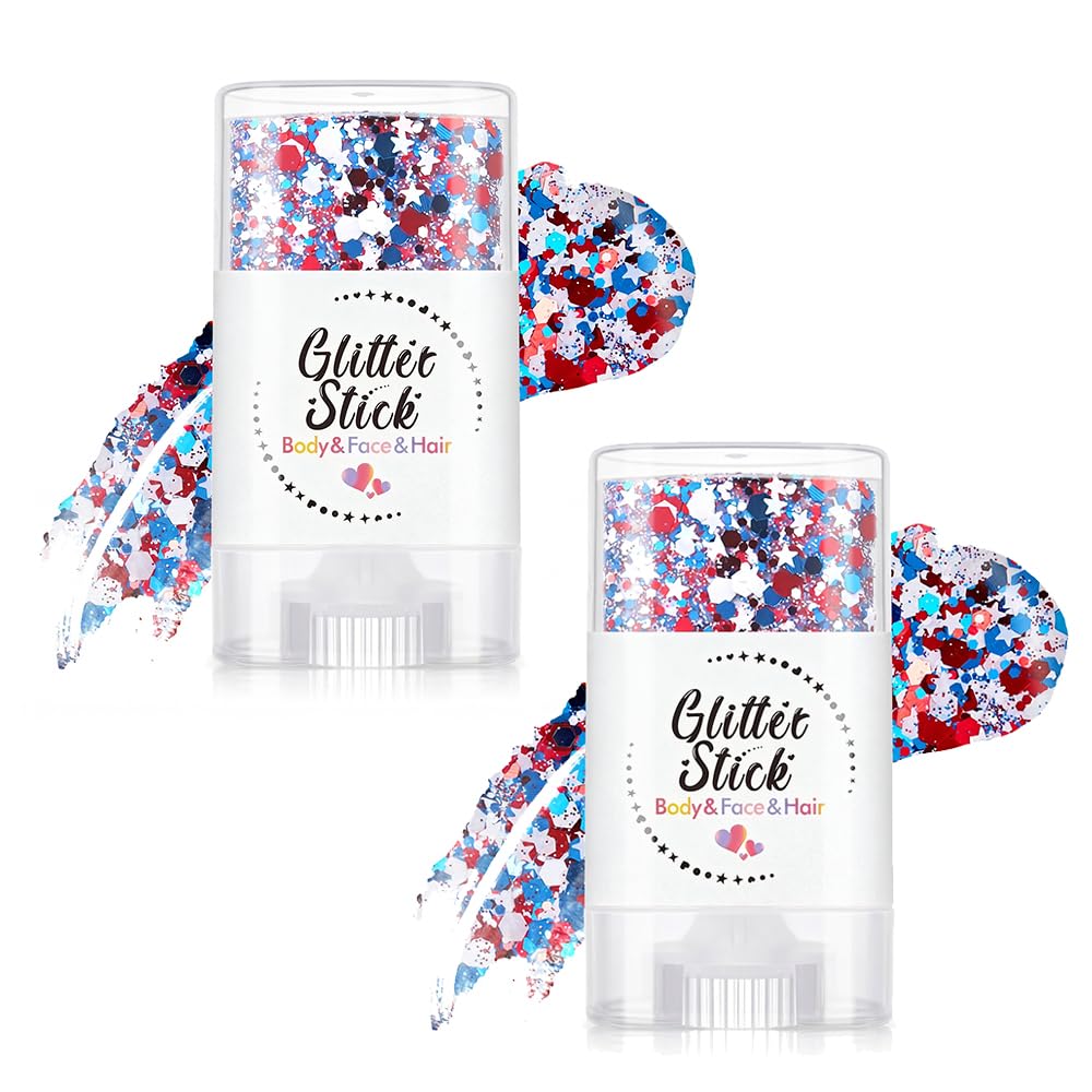 4th of July Glitter Stick Red White Blue Hair Glitter Stick,4th of July Patriotic America Flag Face Body Glitter 250th Outfits for Women,Waterproof Makeup for Football Game Accessories (3, 002)