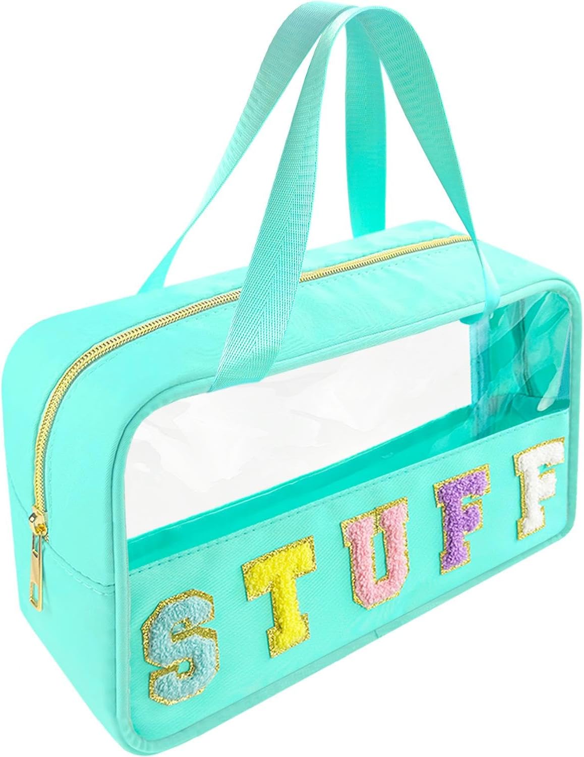 Chenille Letter Clear Makeup Bag - Waterproof Travel Toiletry Bag with Handle | Preppy Dance Patch Design (Black)