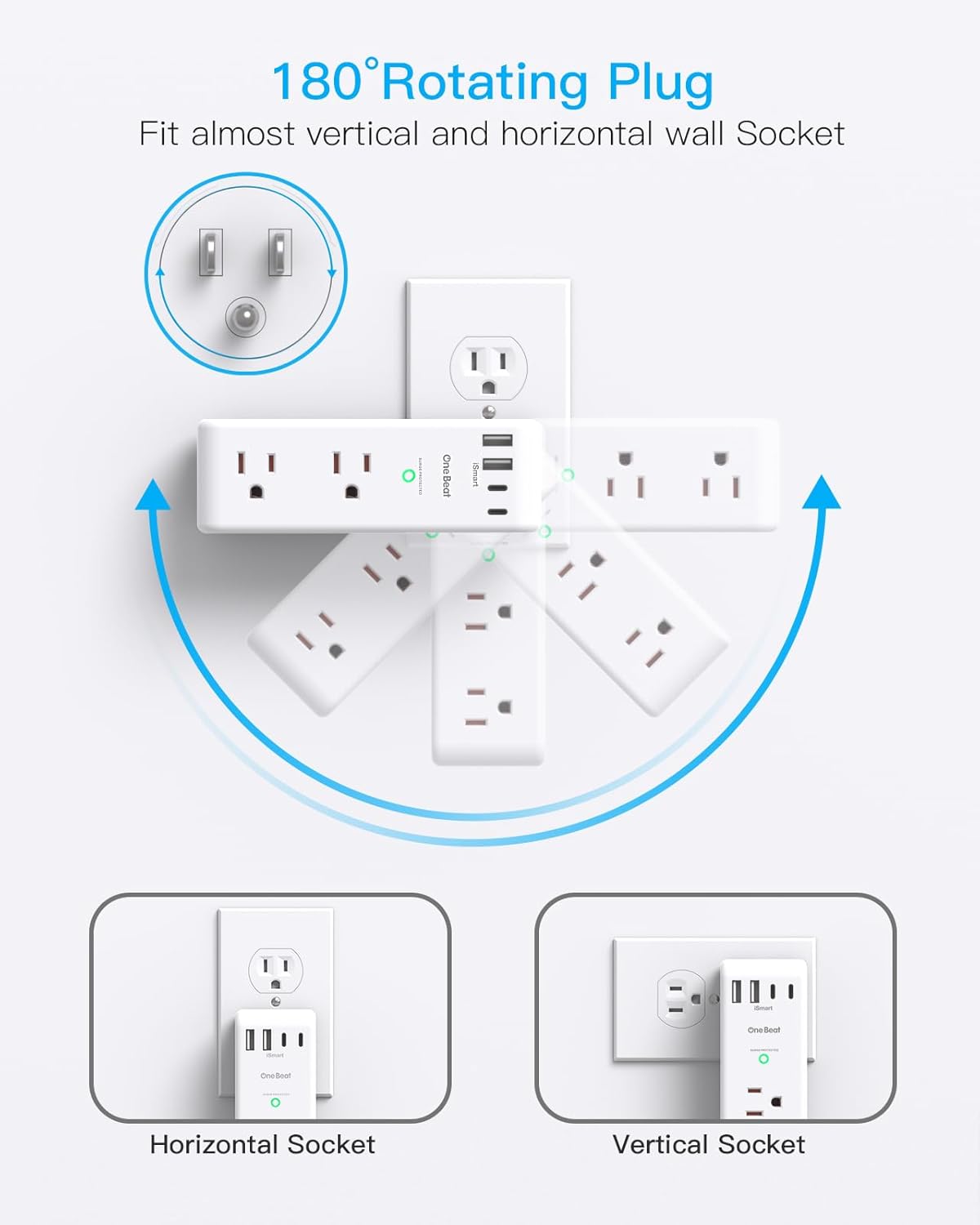 Surge Protector Outlet Extender - 6 AC Multi Plug with 4 USB Ports, Rotating Plug & 1800J Protection | Ideal for Home, Office & Travel