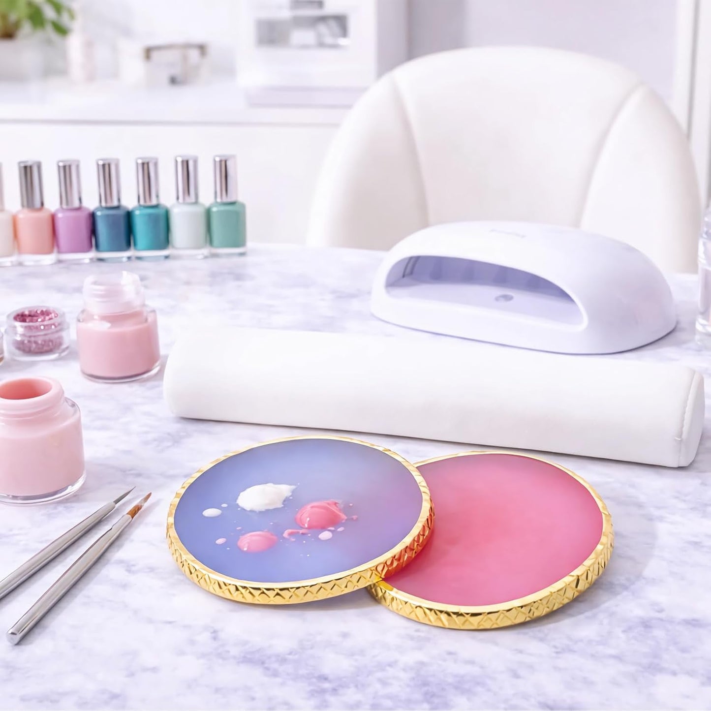 Resin Nail Art Palette - Gel Polish Mixing Board with Gold Edge | White & Pink Color Options for Salon & DIY