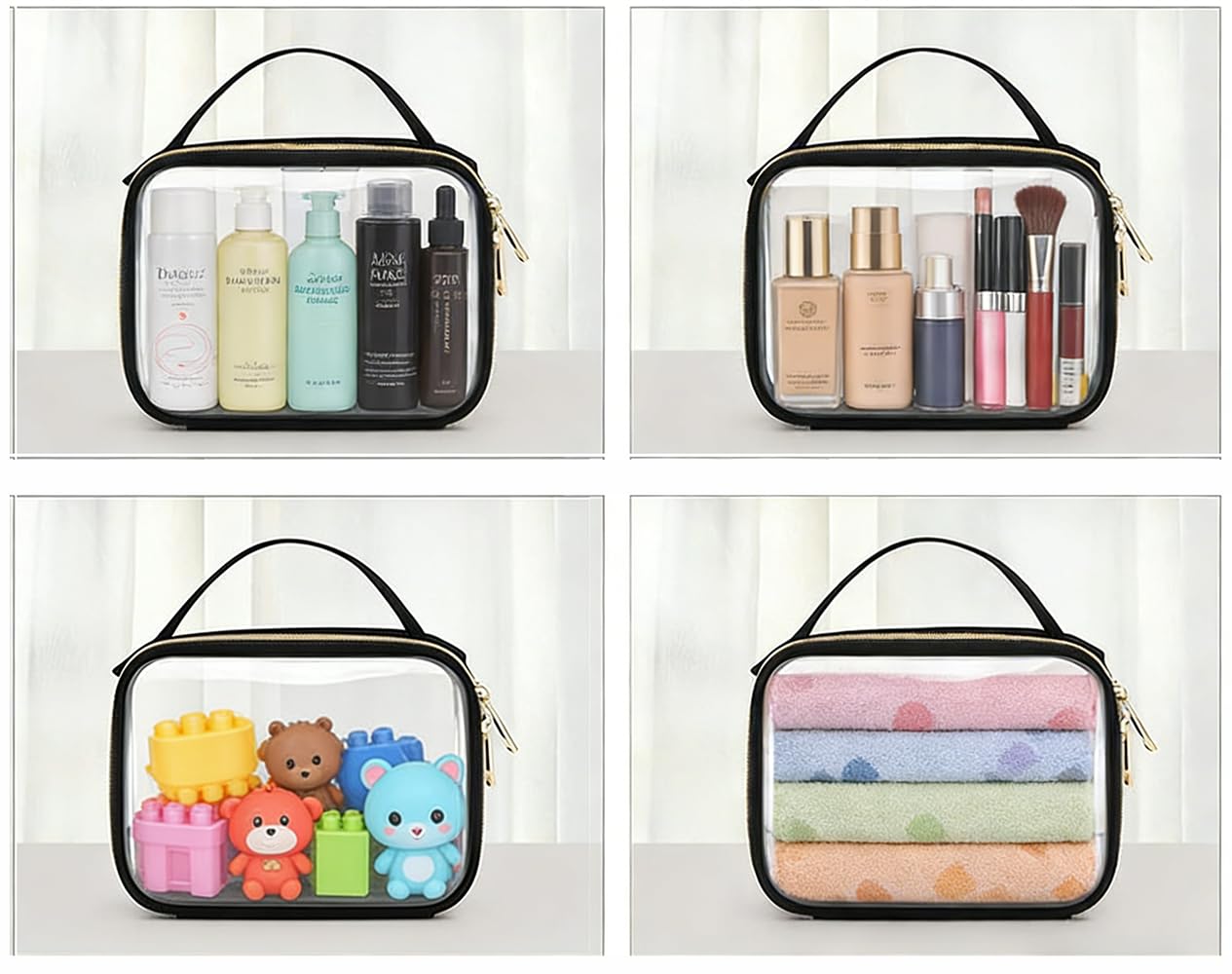 HYOOG Clear Makeup Bag with Handle, PVC Toiletry Bag for Travel, Airport Airline Compliant Cosmetic Organizer, Black with Gold Zipper (1, Black)