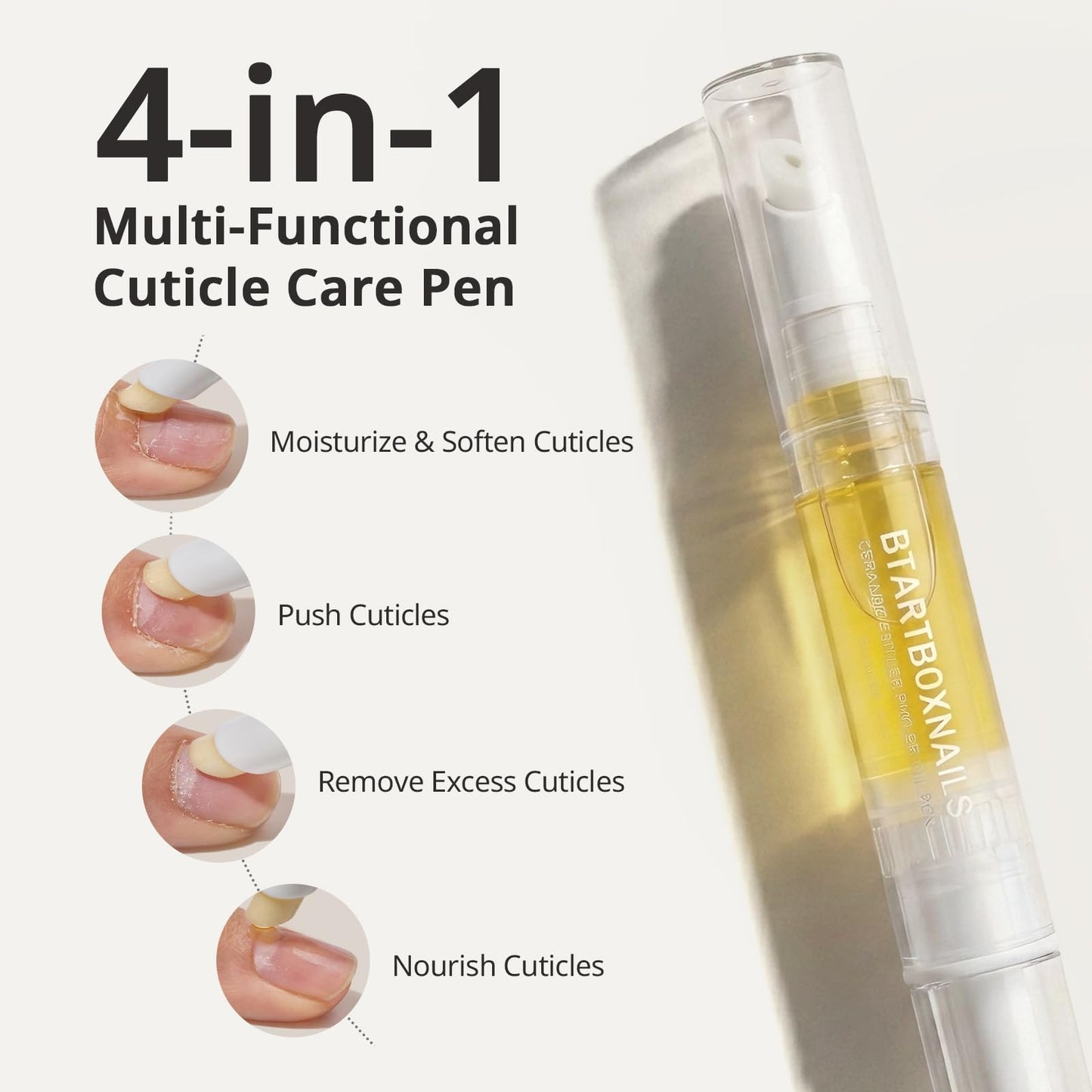 BTARTBOXNAILS 4-in-1 Ceramic Cuticle Pusher Oil Pen - Cuticle Care Pen to Soften, Push, Remove and Nourish in One Pen for Hangnails, Dry and Neglected Cuticles