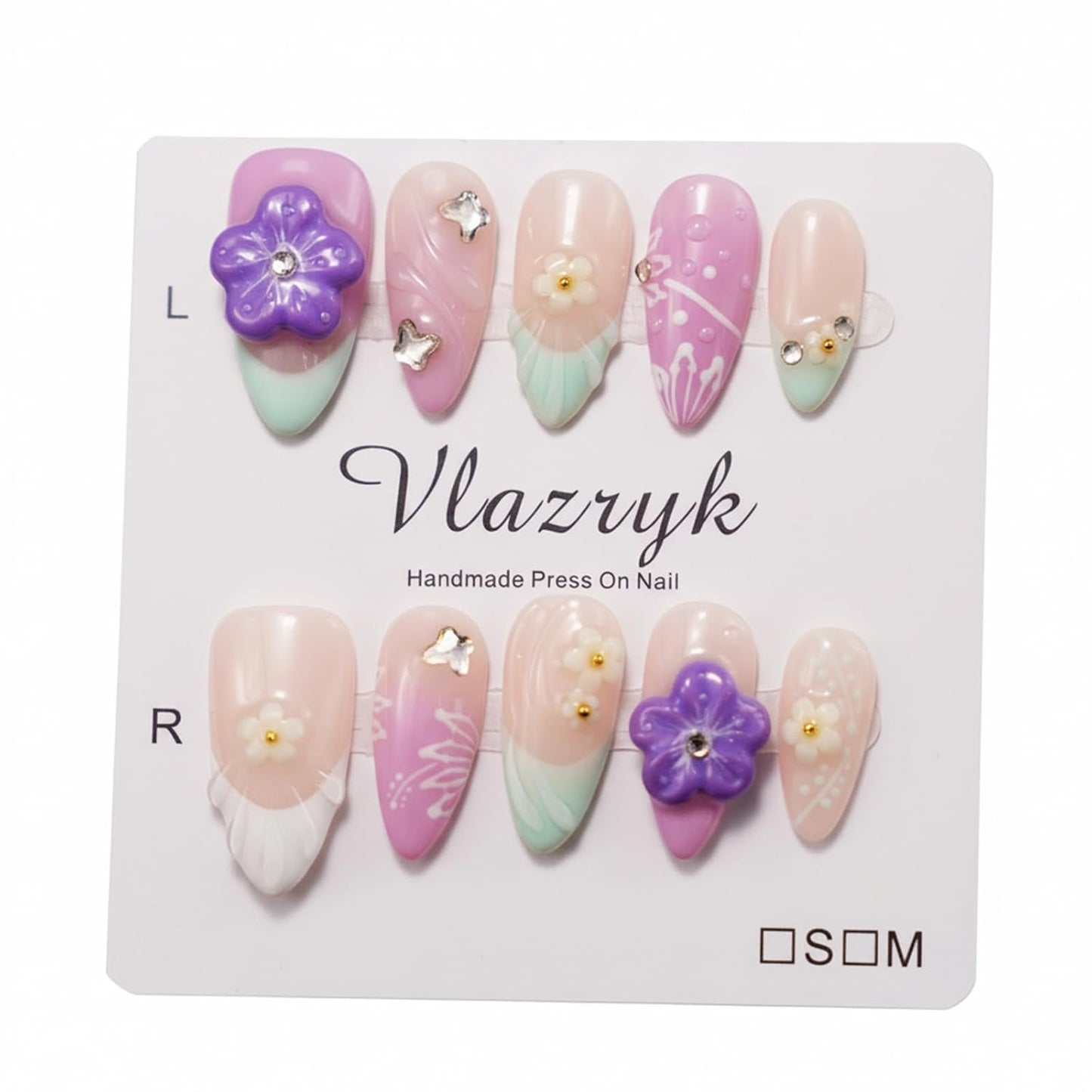 Brown French Tip Press On Nails - 3D Metallic Rhinestones | Medium Almond Reusable Acrylic False Nails (10 PCS)