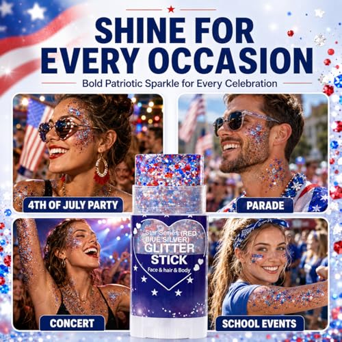 Patriotic Red White and Blue Hair Glitter Stick, 4th of July Accessories, AmericaFlag Face Body Glitter for Fourth of July Outfits Women, Waterproof Glitter Makeup for Independence Day Anniversary