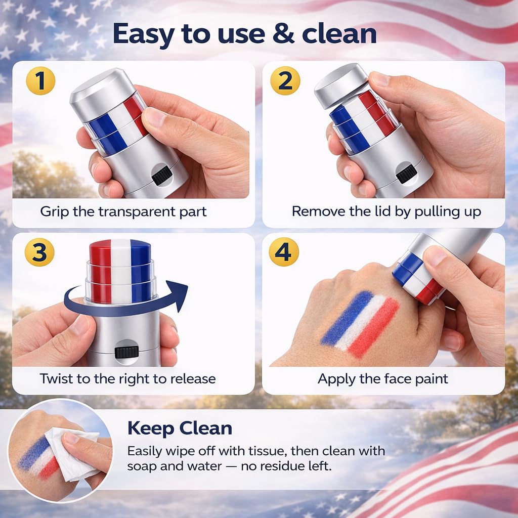 Patriotic Face Paint Stick - Red White Blue USA Flag Makeup Crayon for 4th of July | Ideal for Sports Fans & Festivals