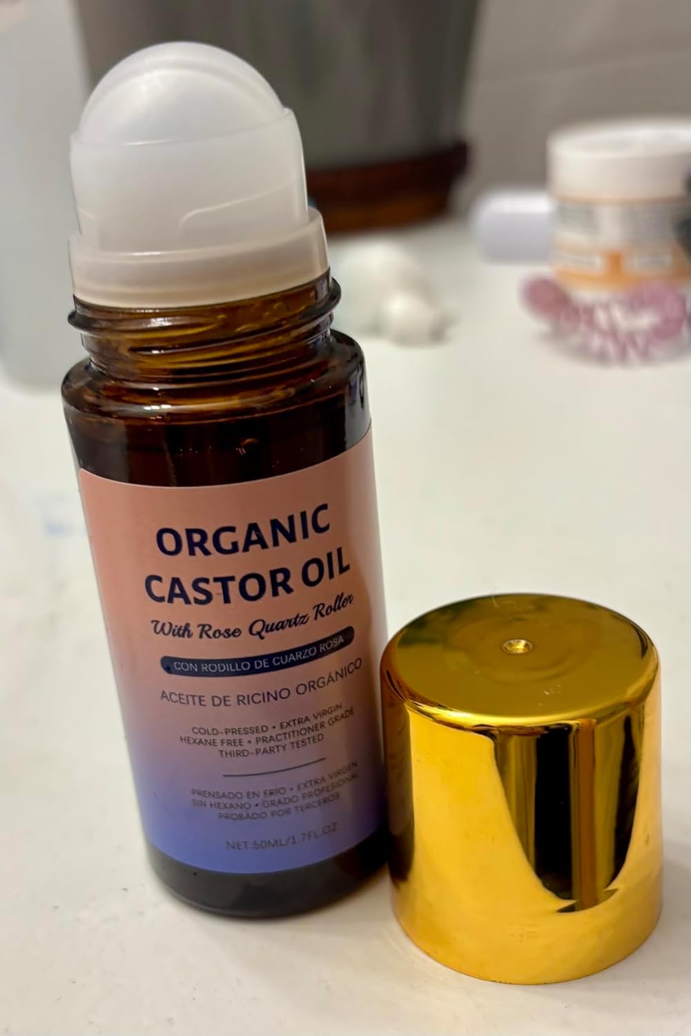 Rose Quartz Face Roller - 100% Pure Organic Castor Oil Serum for Fine Lines, Wrinkles & Puffiness | Self-Care Gift for Women 35+ - 1.72oz