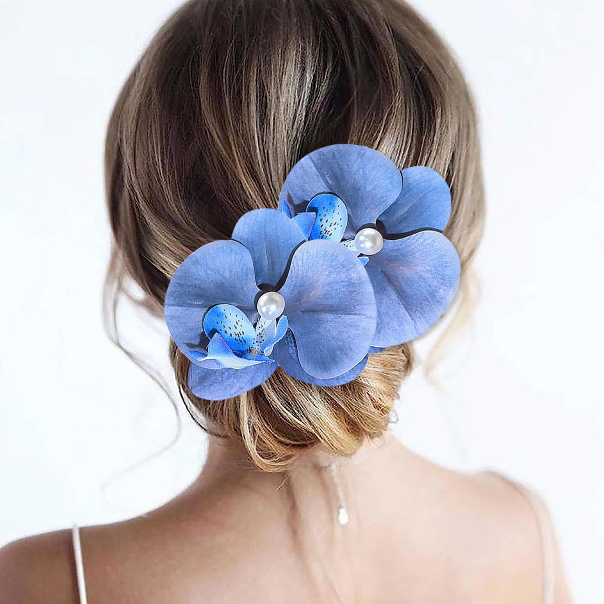 Boho Orchid Hair Clips - 2pcs Artificial Phalaenopsis Barrettes | Bridal Beach Party Accessories (Blue)