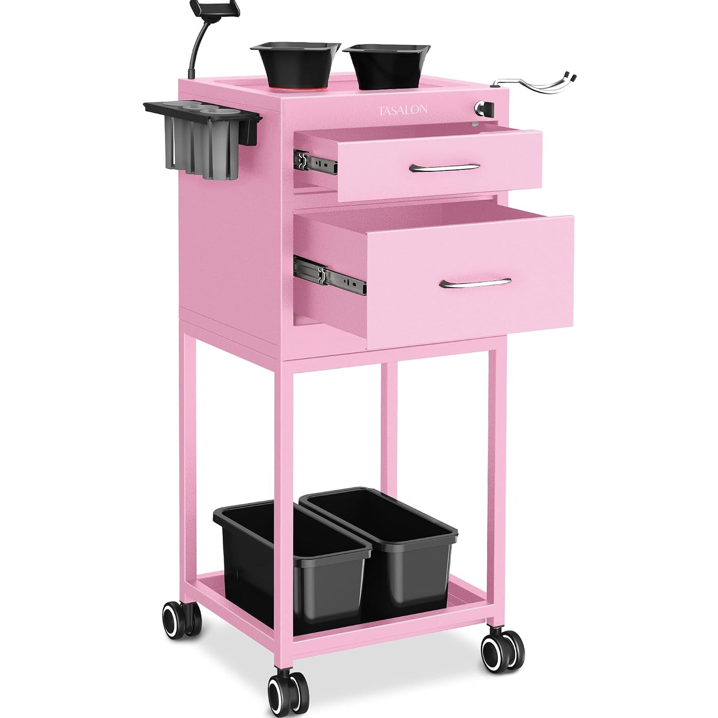 Metal Lockable Salon Cart with Wheels - Rolling Barber Trolley for Hair Stylists | 2 Magnetic Bowls & Drawers