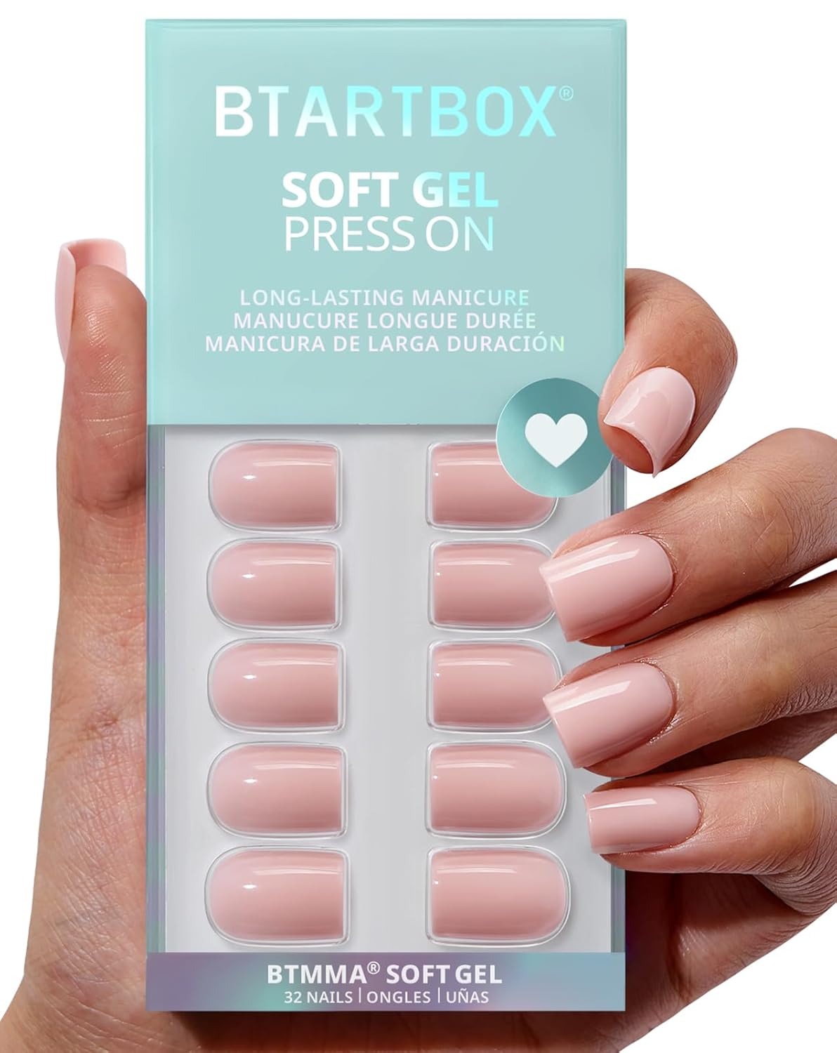 Press On Nails - Almond Shape Pastel Baby Pink Short Nails | Opaque Soft Gel, 32-Piece Kit in 16 Sizes