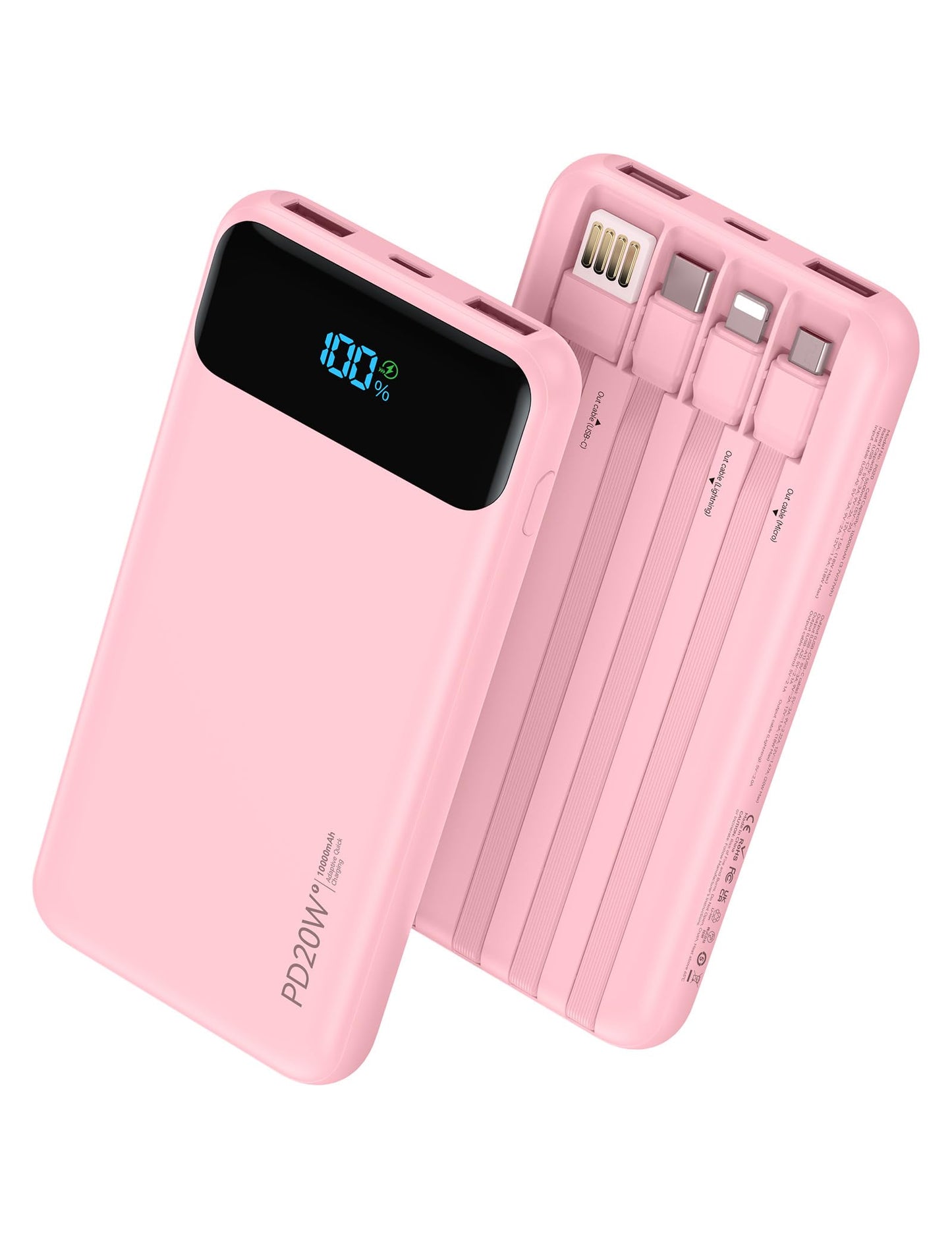 Nusyddy Portable Charger 10000mAh PD20W w/4 Built-in Cables/6 Outputs Pink