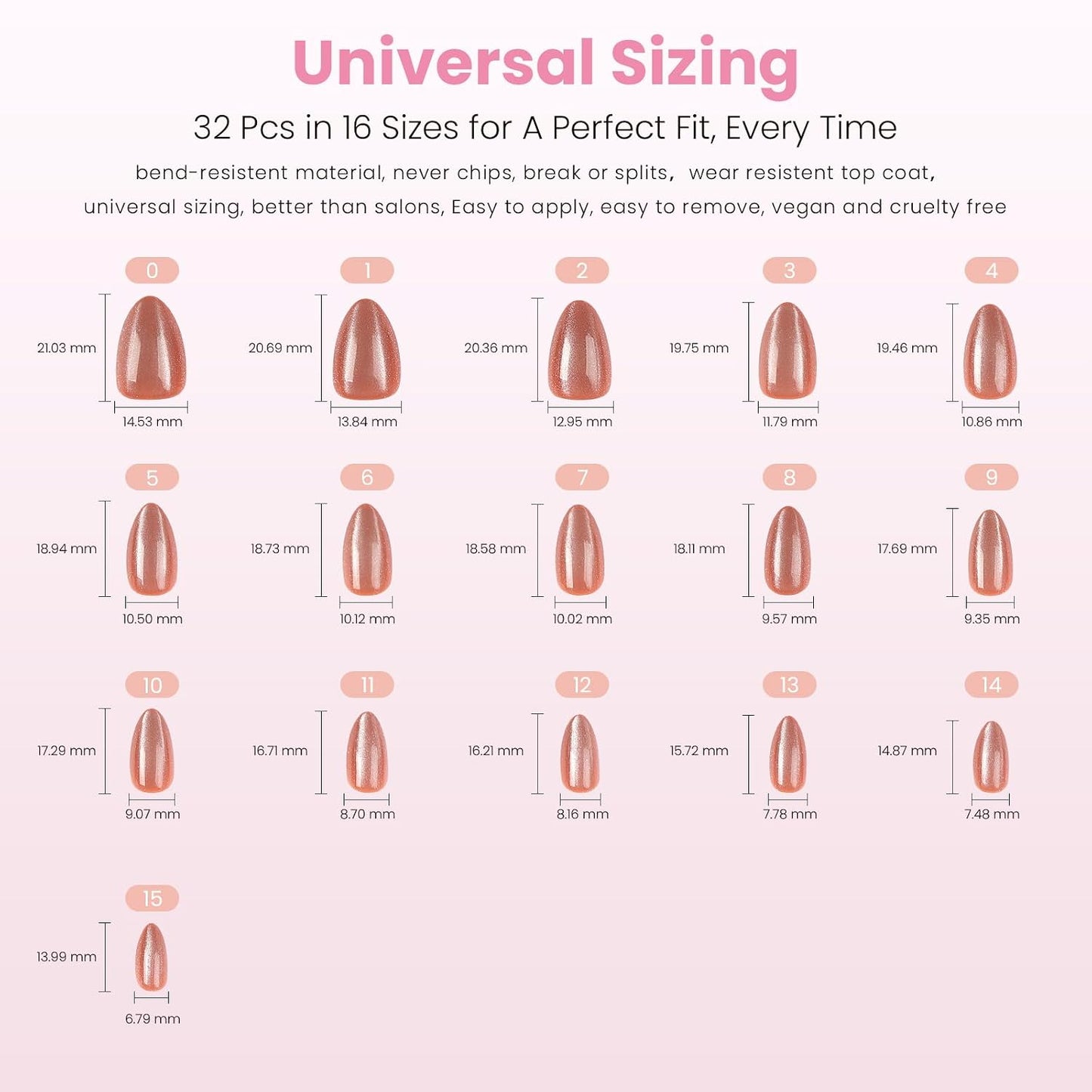 Amber Gold Short Almond Press On Nails - Cat Eye Velvet Finish | 16 Sizes, Reusable Opaque Stick On Nails, 32 Nail Kit with Glue