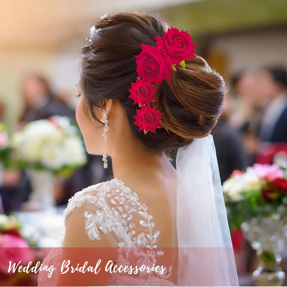 Red Rose Flower Hair Clips - 6 Pcs Floral Barrettes for Bridal, Halloween & Fiesta Parties | Elegant Hair Accessories