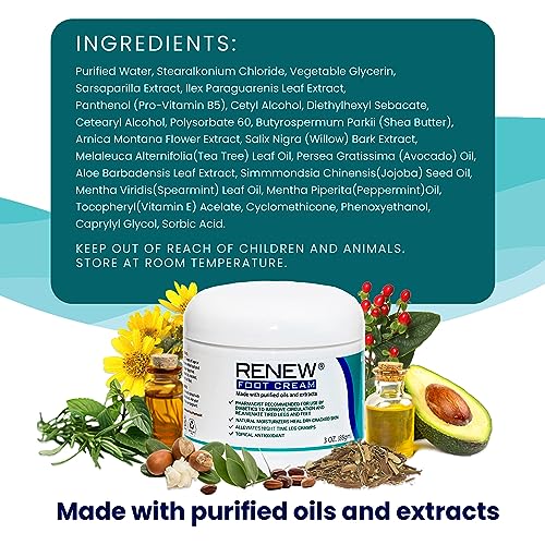 Renew Foot Cream for Dry Cracked Heels - 3 Ounce All-Natural Hydrating Cream