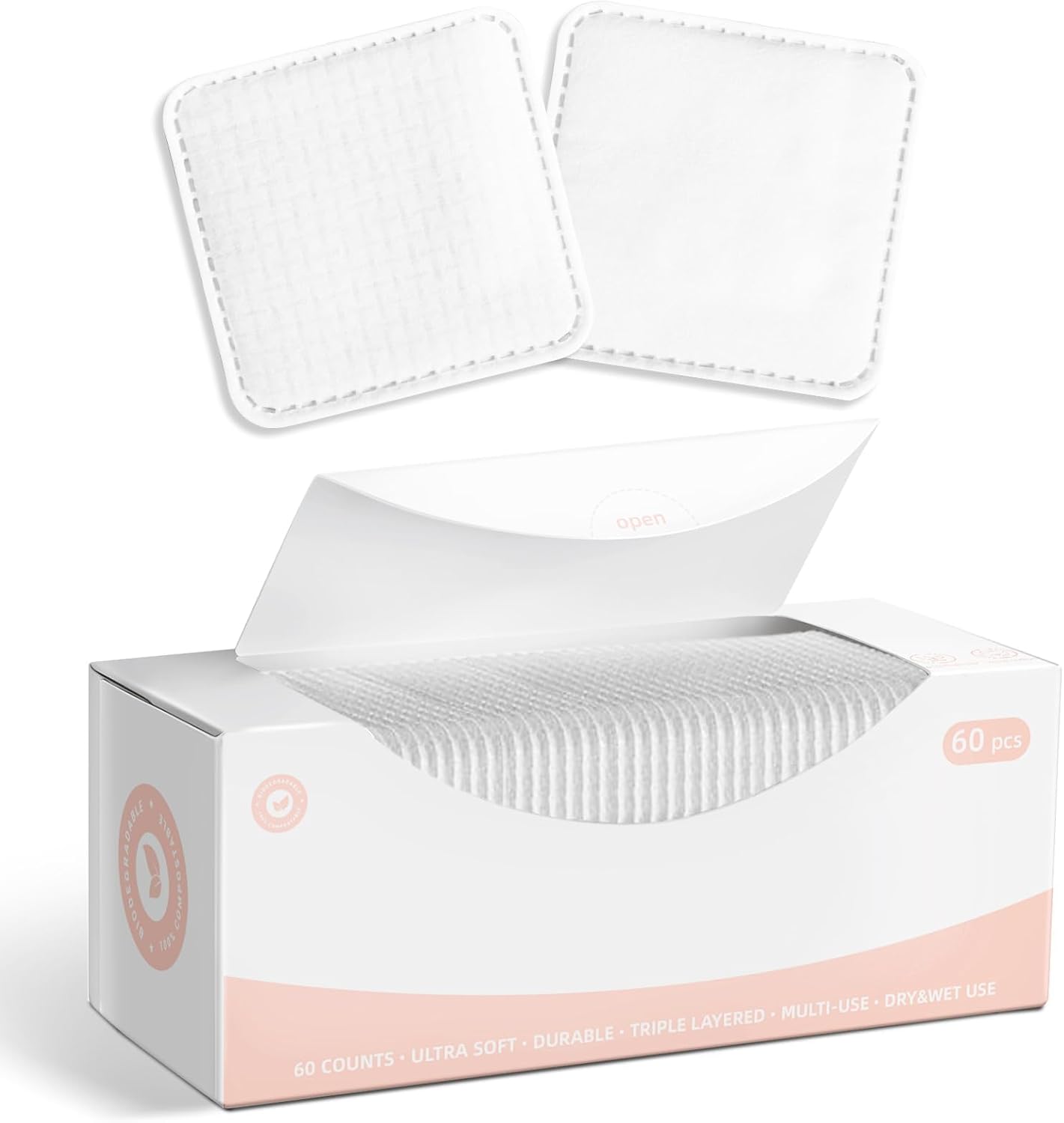 Square Cotton Pads - 100% Cotton, Triple-Layer Design for Daily Skin Care | 60 Count