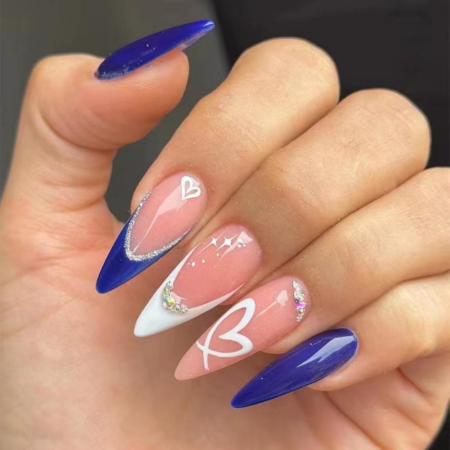 Press On Nails - French Tip Rhinestone Design | Medium Almond Glossy Full Cover - 24 Pcs for Women