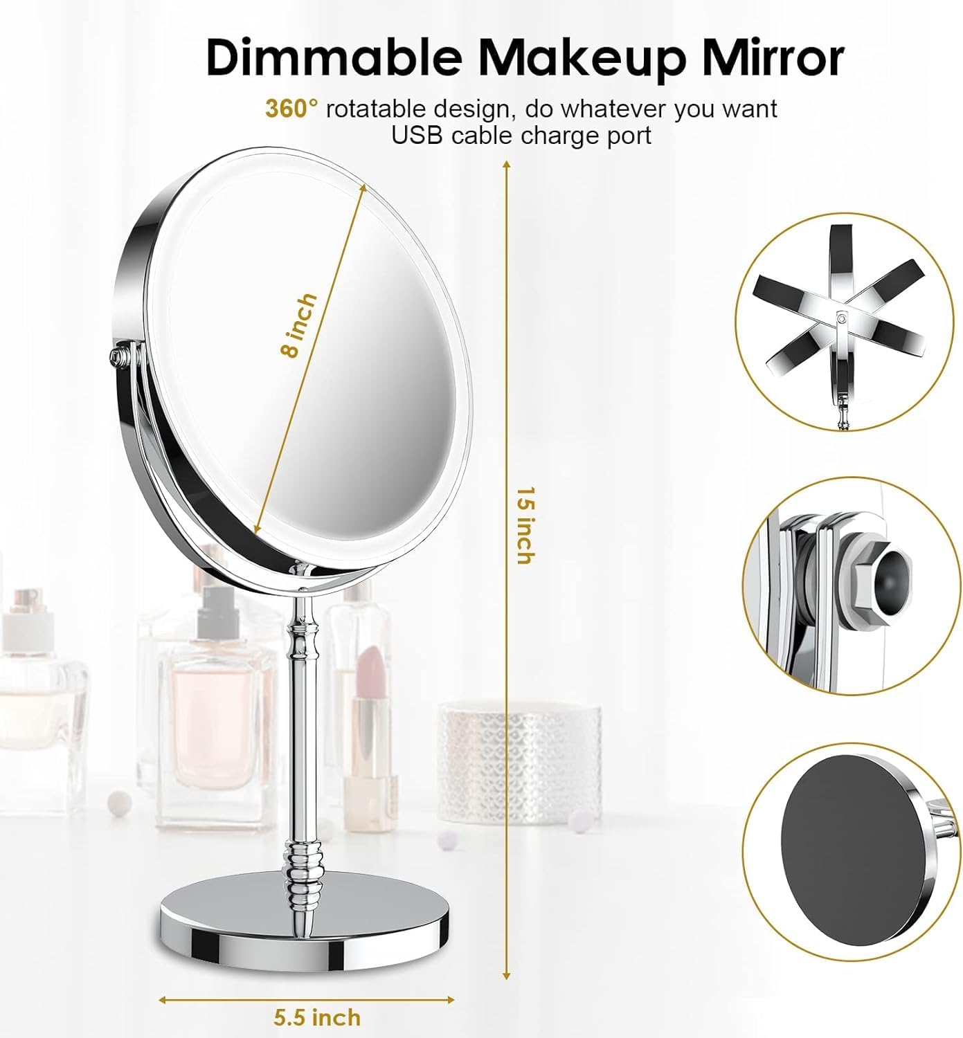 Double-Sided Makeup Mirror - 3000mAh Rechargeable Vanity Mirror | 1X/10X Magnification, Adjustable Brightness, 3 Colors
