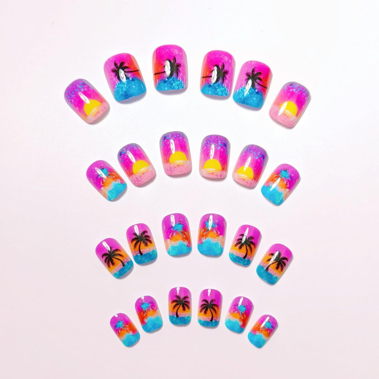 Summer Press on Nails Short Square Fake Nails with Summer Sunset Coconut Trees Design Spring Nails Blue French Tips Glue on Nail Full Cover Glossy Reusable Summer False Nail for Women Manicure 24Pcs