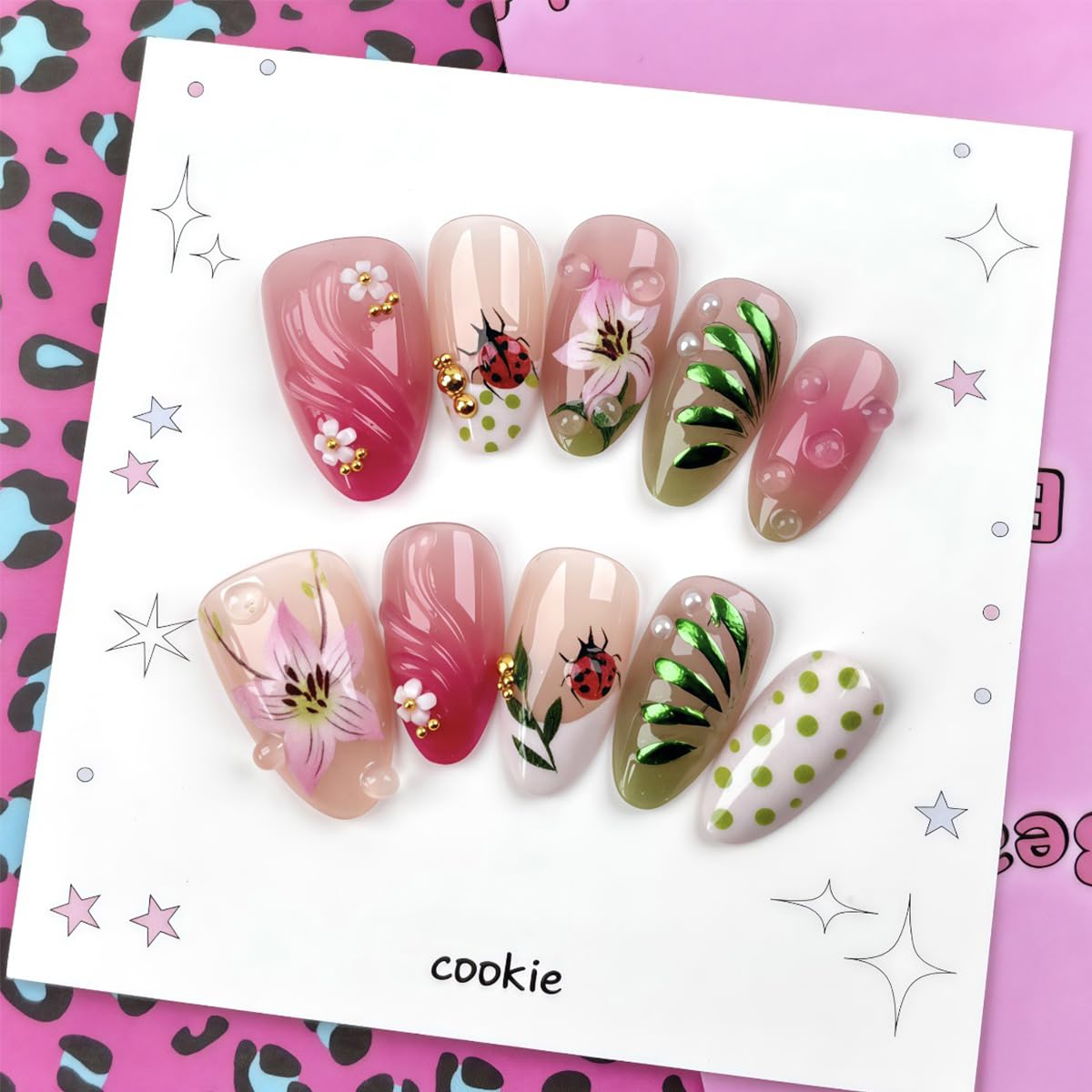 30Pcs Press-On Nails - Summer Short Almond Shape with Floral Leaf & Ladybug Design | Pink Green Gradient Full Cover