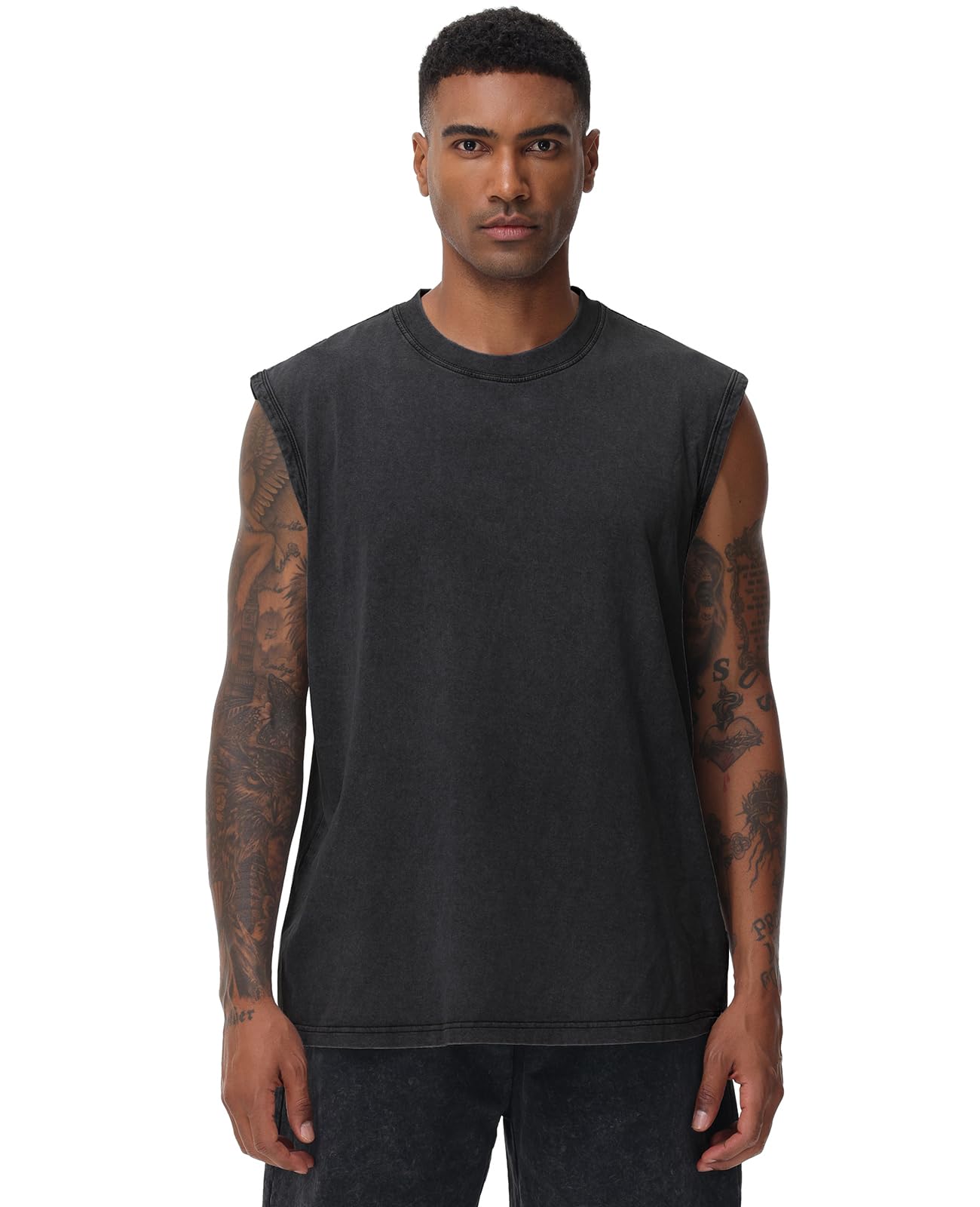 SnowElve 3 Pack Mens Workout Tank Tops Sleeveless Tee Shirts Men Muscle Shirt Gym Acid Wash T Shirts Running Beach Loose Fit Tee(CFGYBK,XL)